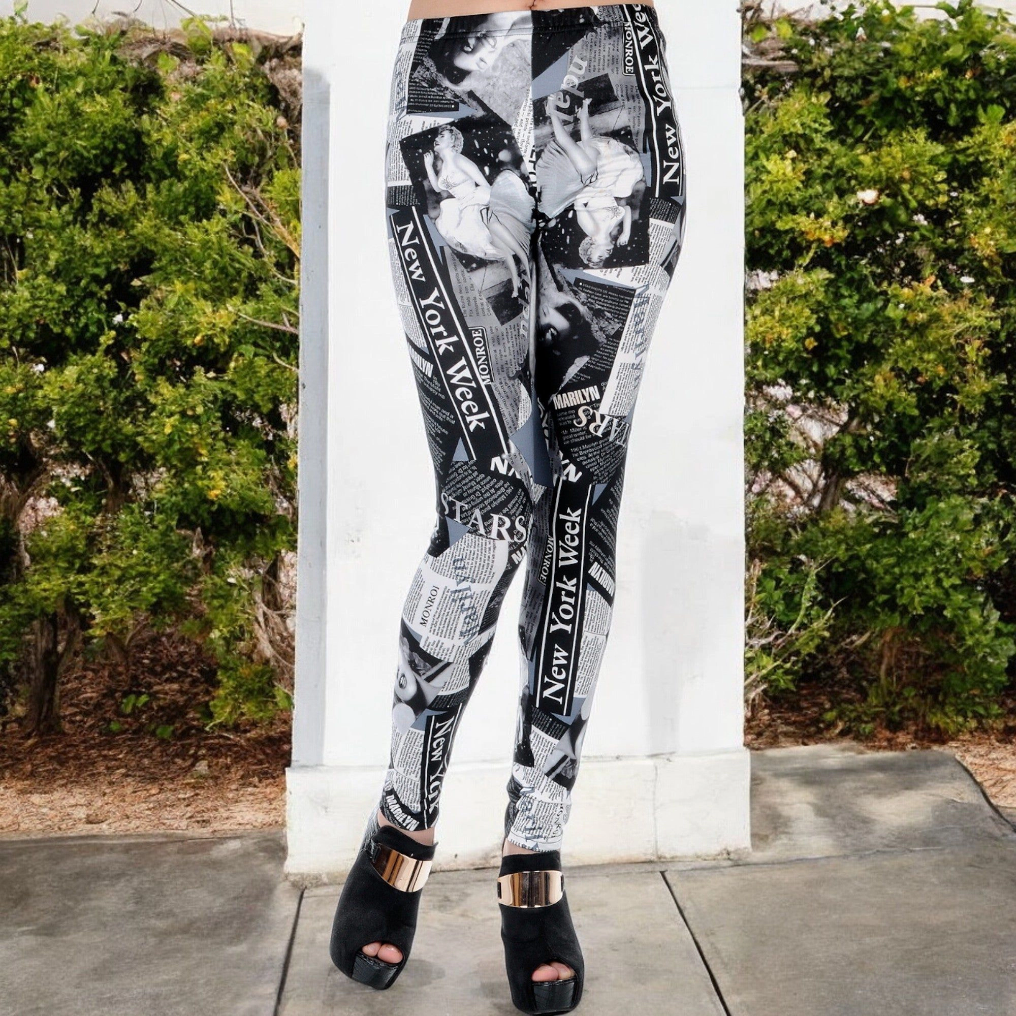 Anna-Kaci Active Women's High Rise Printed Leggings with New York Week Newspaper Graphic