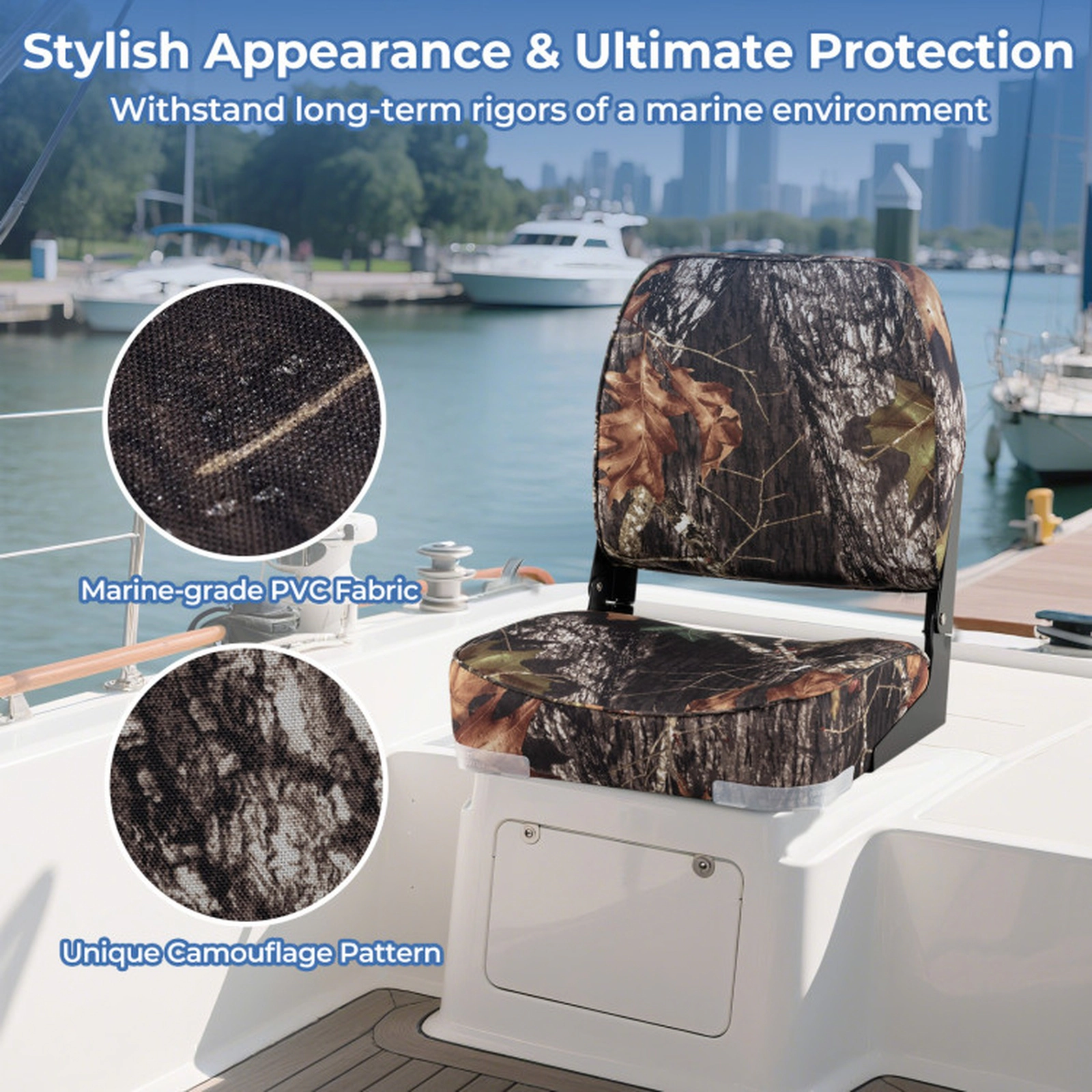 SUGIFT 2-Pack Camouflage Folding Low Back Boat Seats with Fixing Bolts 16-in W 18-in D 18-in H 330-lb Seat Capacity