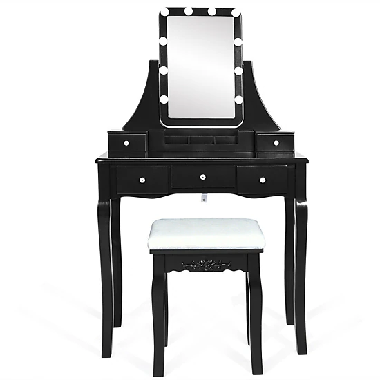 LJG 10 Dimmable Light Bulbs Vanity Dressing Table with 2 Dividers and Cushioned Stool