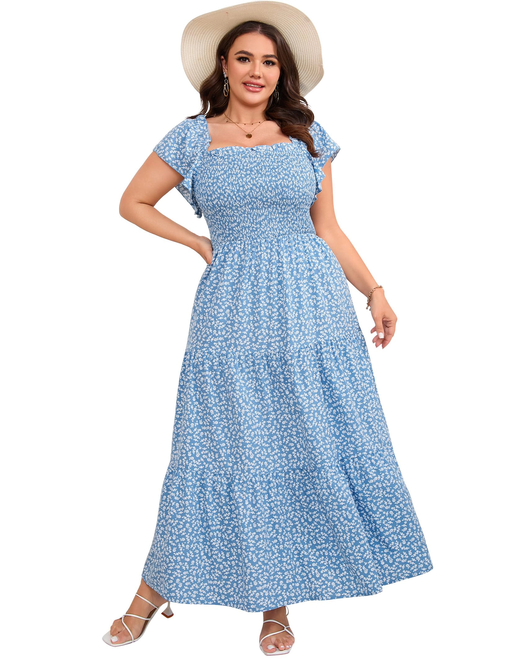 YesFashion Women's Plus Smocked Square Neck Boho Maxi Dress