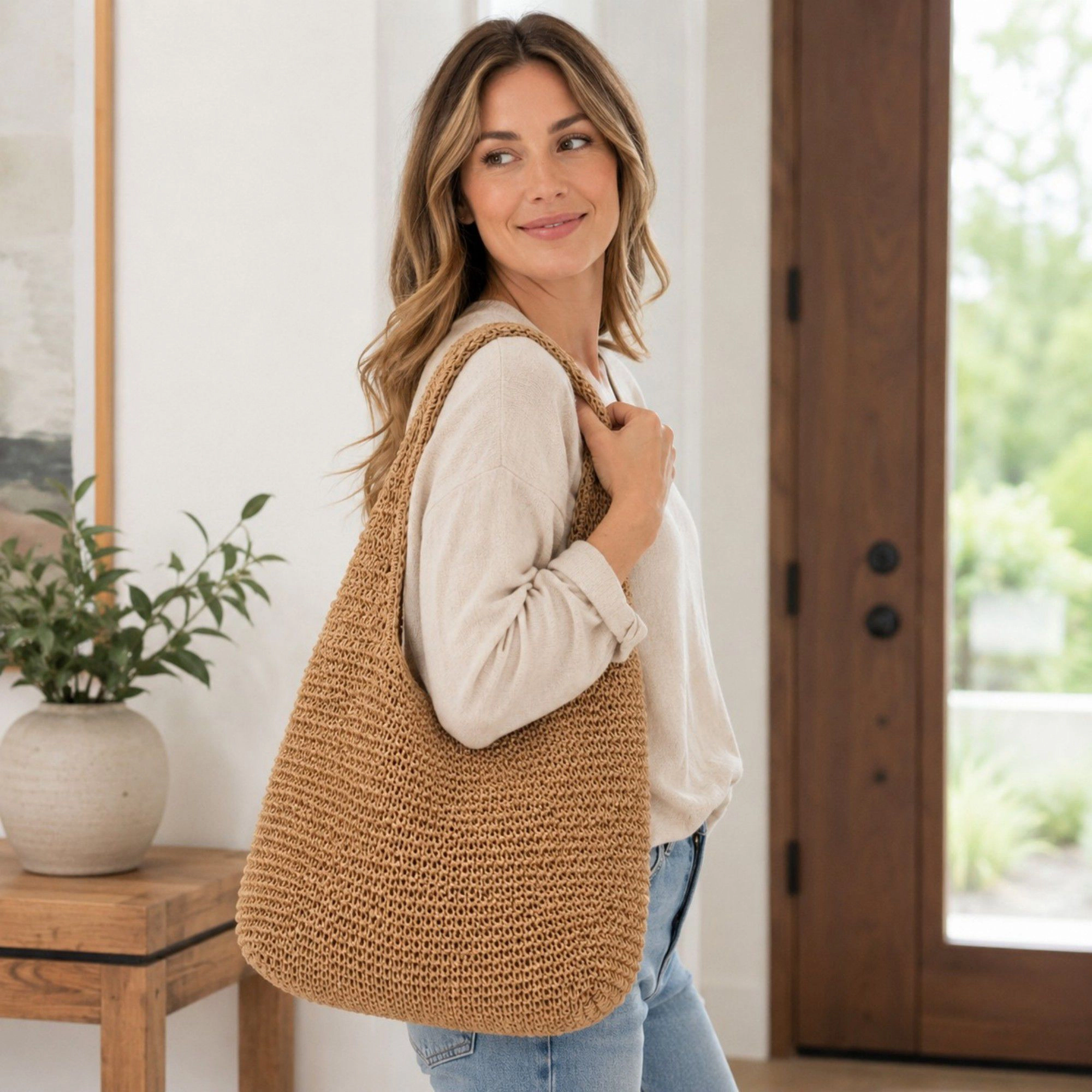 Alilang Women's Woven Straw Shoulder Bag - Lightweight Hand-Knit Summer Tote for Beach and Vacation