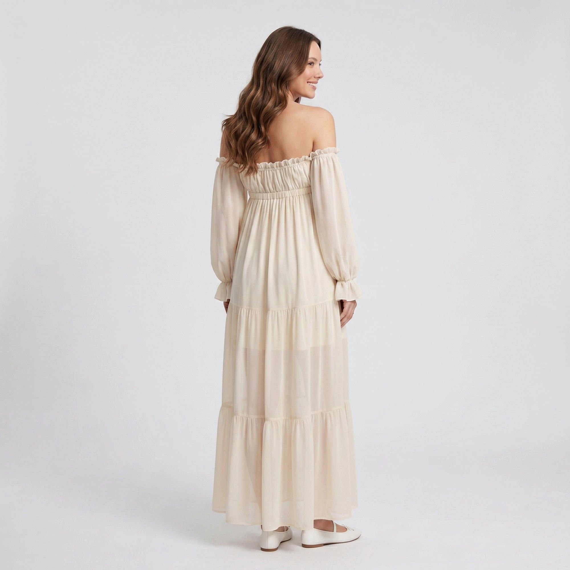 Anna-Kaci Women's Off Shoulder Sheer Long Sleeve Tiered Skirt Maternity Maxi Dress