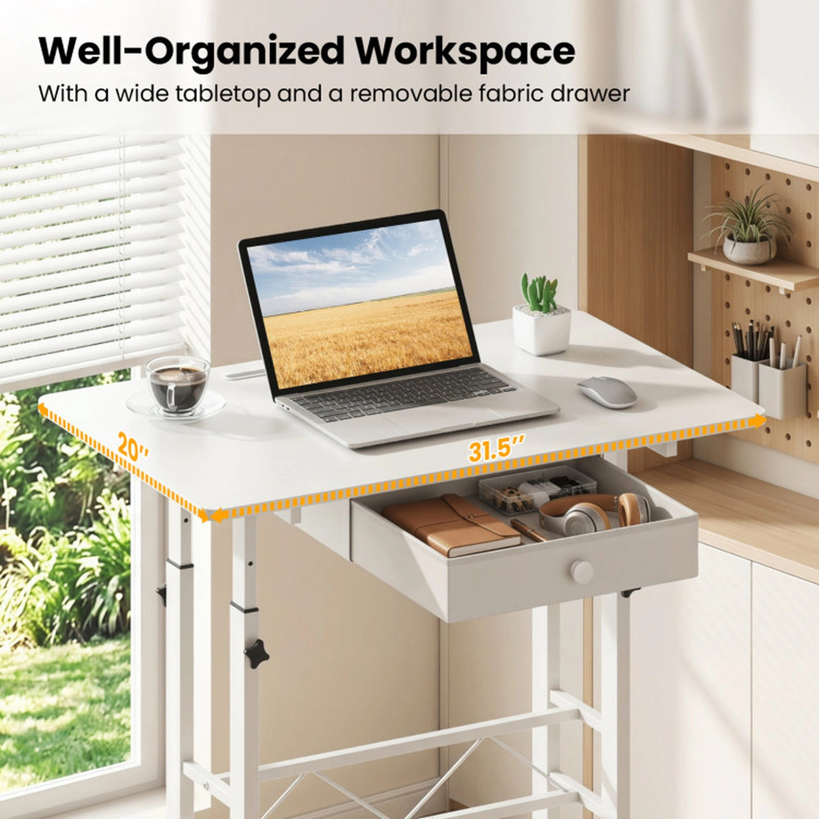 SUGIFT Height Adjustable Laptop Desk with Fabric Drawer Tablet Holder Lockable Wheels 45-lb Tabletop Capacity White
