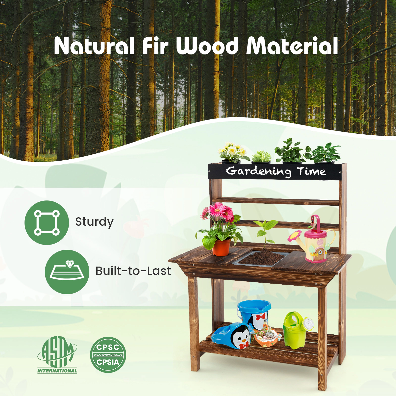Hivvago Wooden Potting Bench Table Outdoor Mud Kitchen with Solid Fir Wood Frame