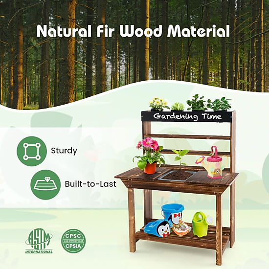 Hivvago Wooden Potting Bench Table Outdoor Mud Kitchen With Solid Fir Wood Frame