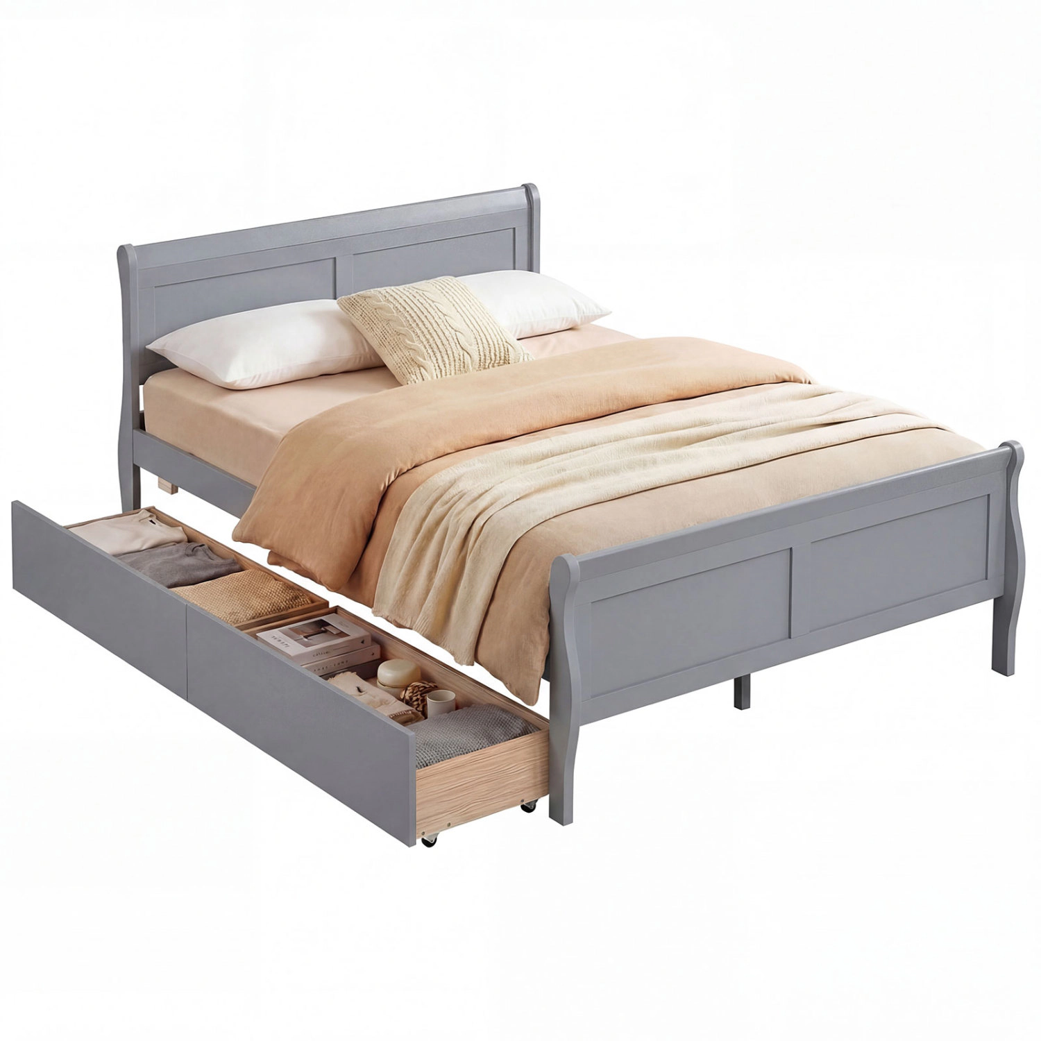 LJG Full Bed Frame with 2 Storage Drawers and Footboard for Kids Teens Adults