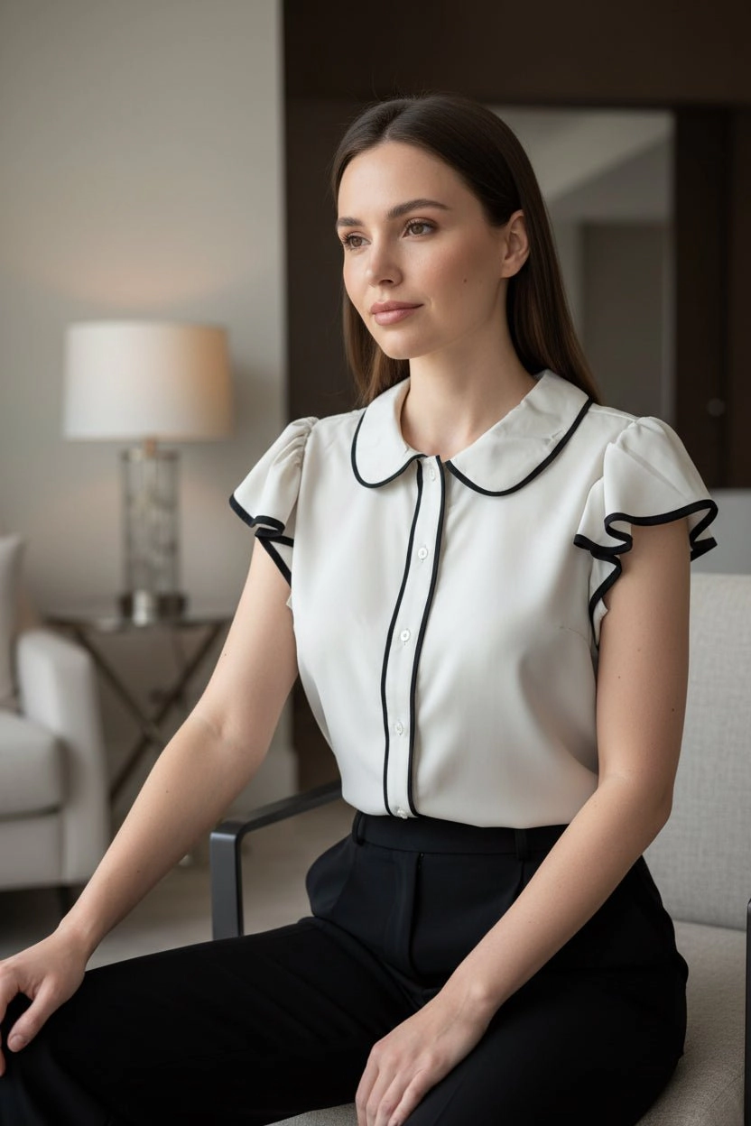 DressAtR Women's Two Tone Flutter Sleeve Collar Button Front Blouse