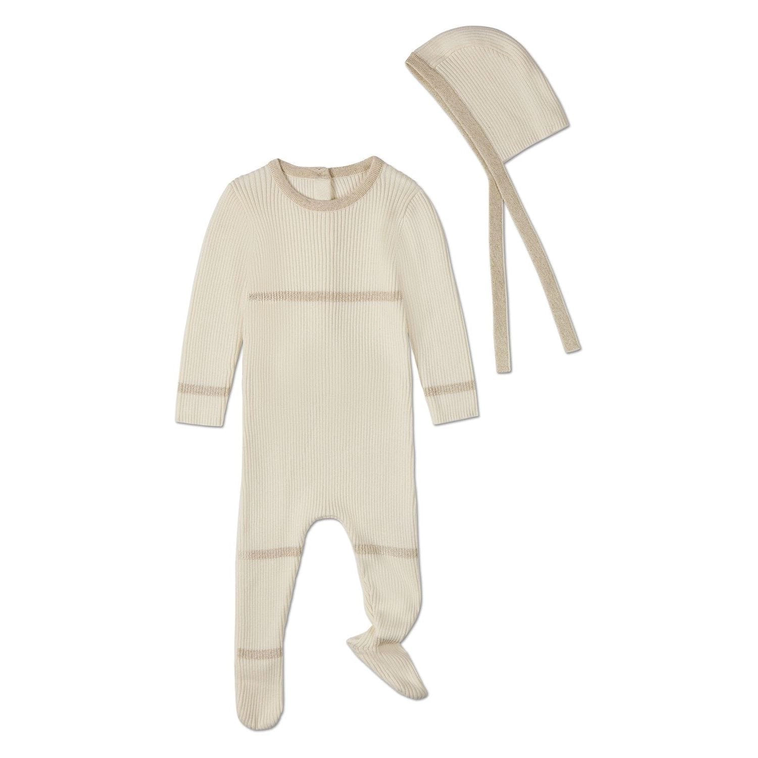 MeMoi 2 Piece Baby Lurex-Trimmed Ribbed Cotton Footie and Cap Set