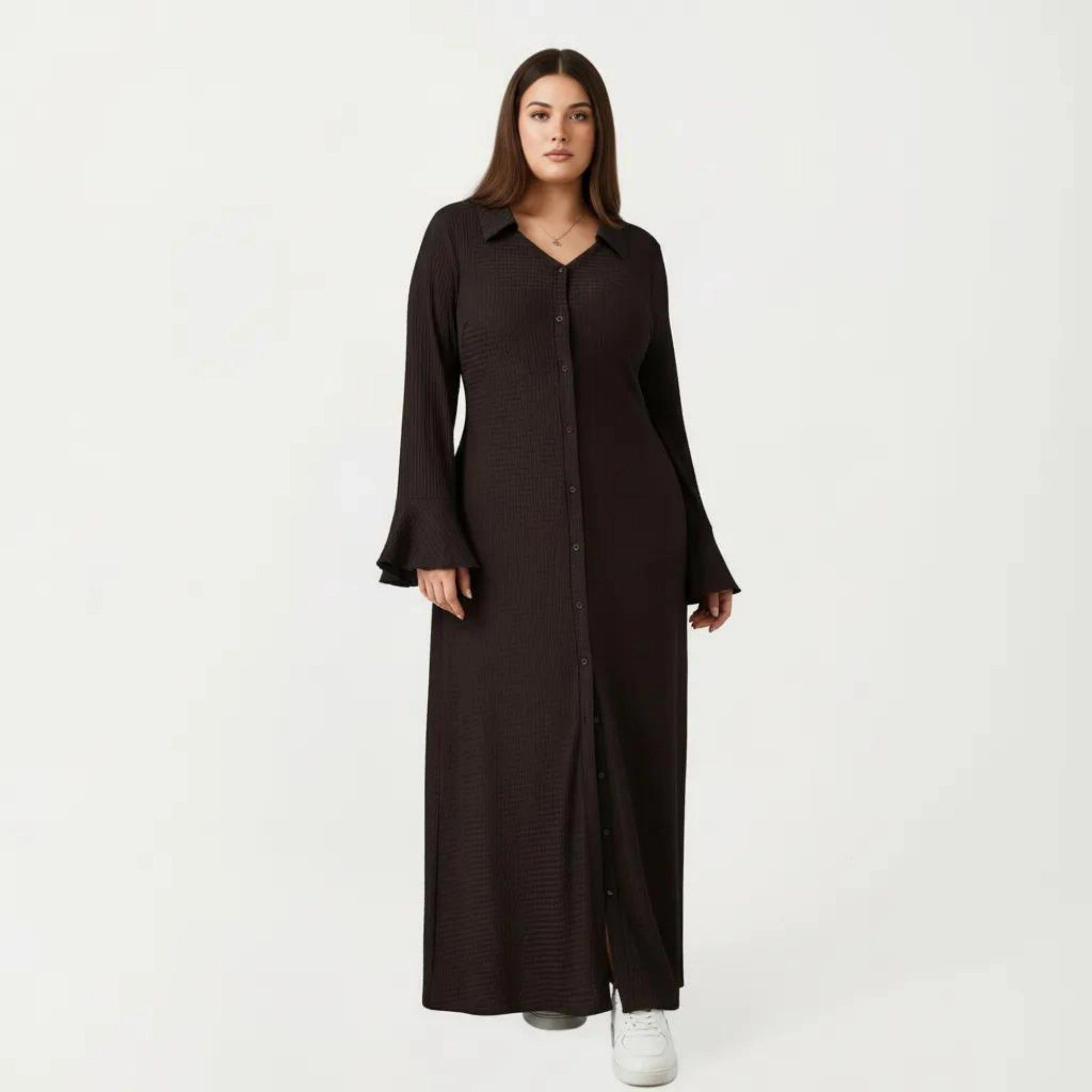 Anna-Kaci Women's Long Sleeve Button Down Collar Neck Flare Detail Front Slit Relaxed Fit Maxi Dress