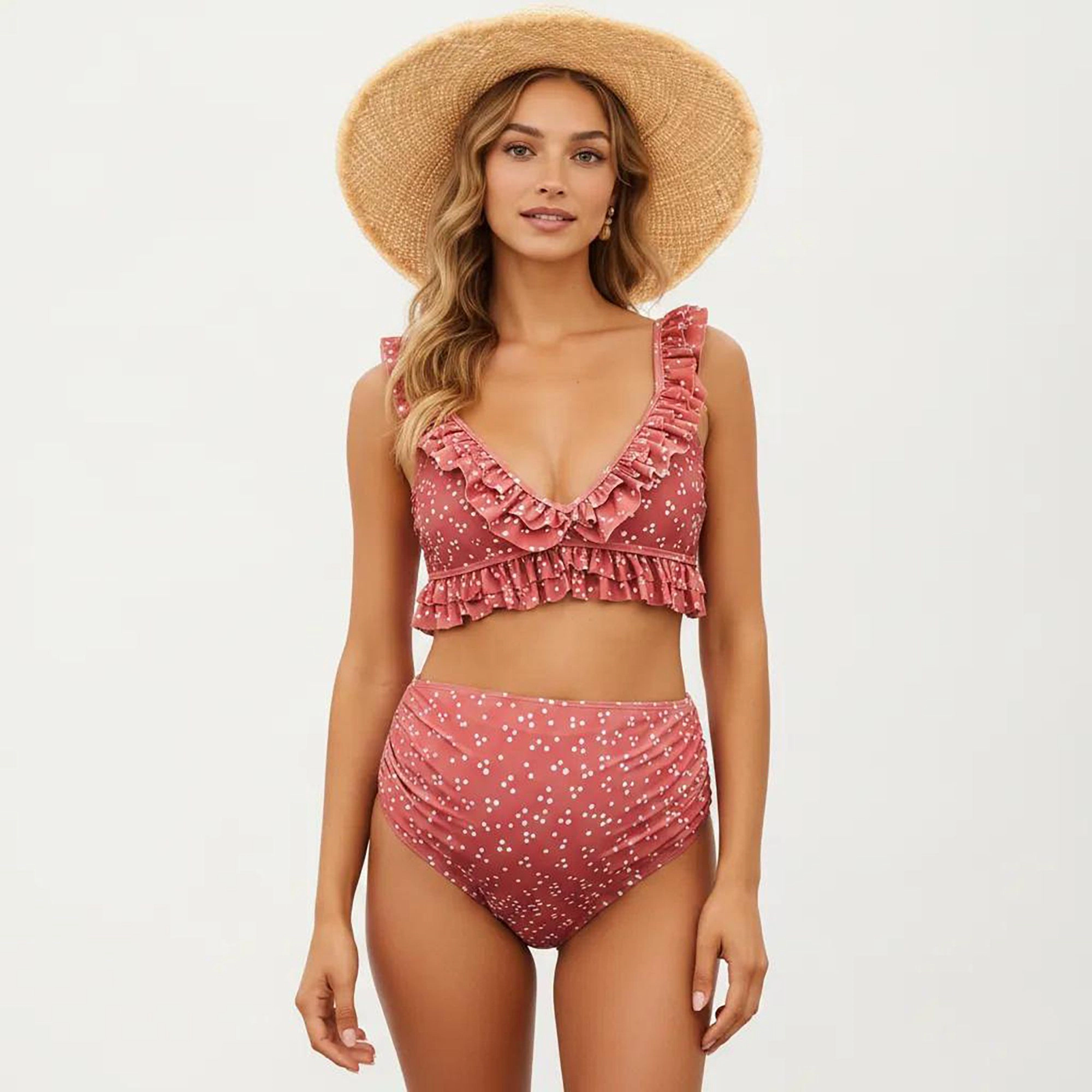 Anna-Kaci Women's Ruffled Maternity Bikini Set with High-Waisted Bottoms and Polka Dot Print