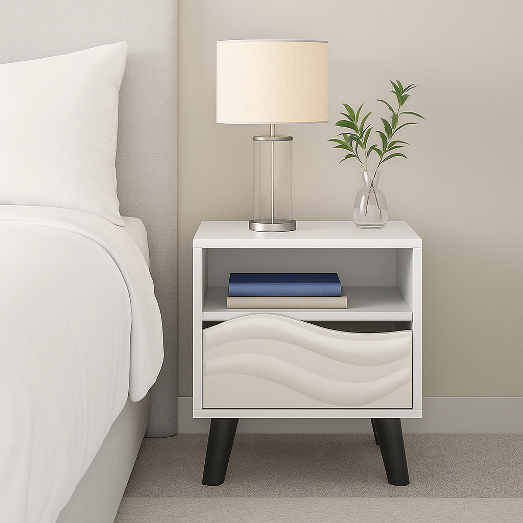 Hivvago Retro-Style Nightstand with Decorative Wavy Pattern and Display Shelf