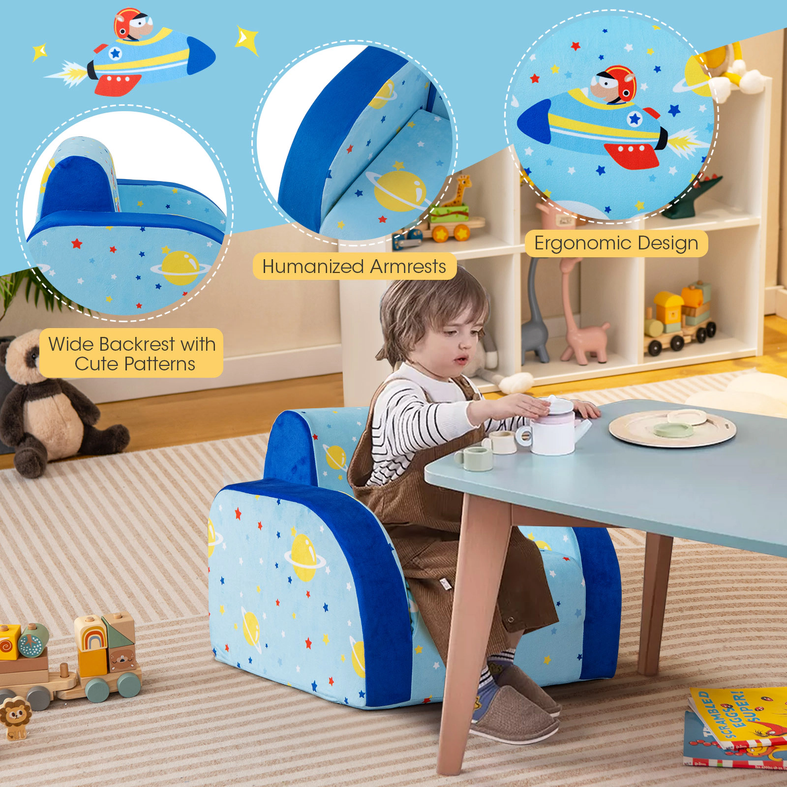 SUGIFT 3-in-1 Convertible Flip Open Kids Sofa Chair and Lounge Bed 66-lb Capacity Ages Under 3 Blue