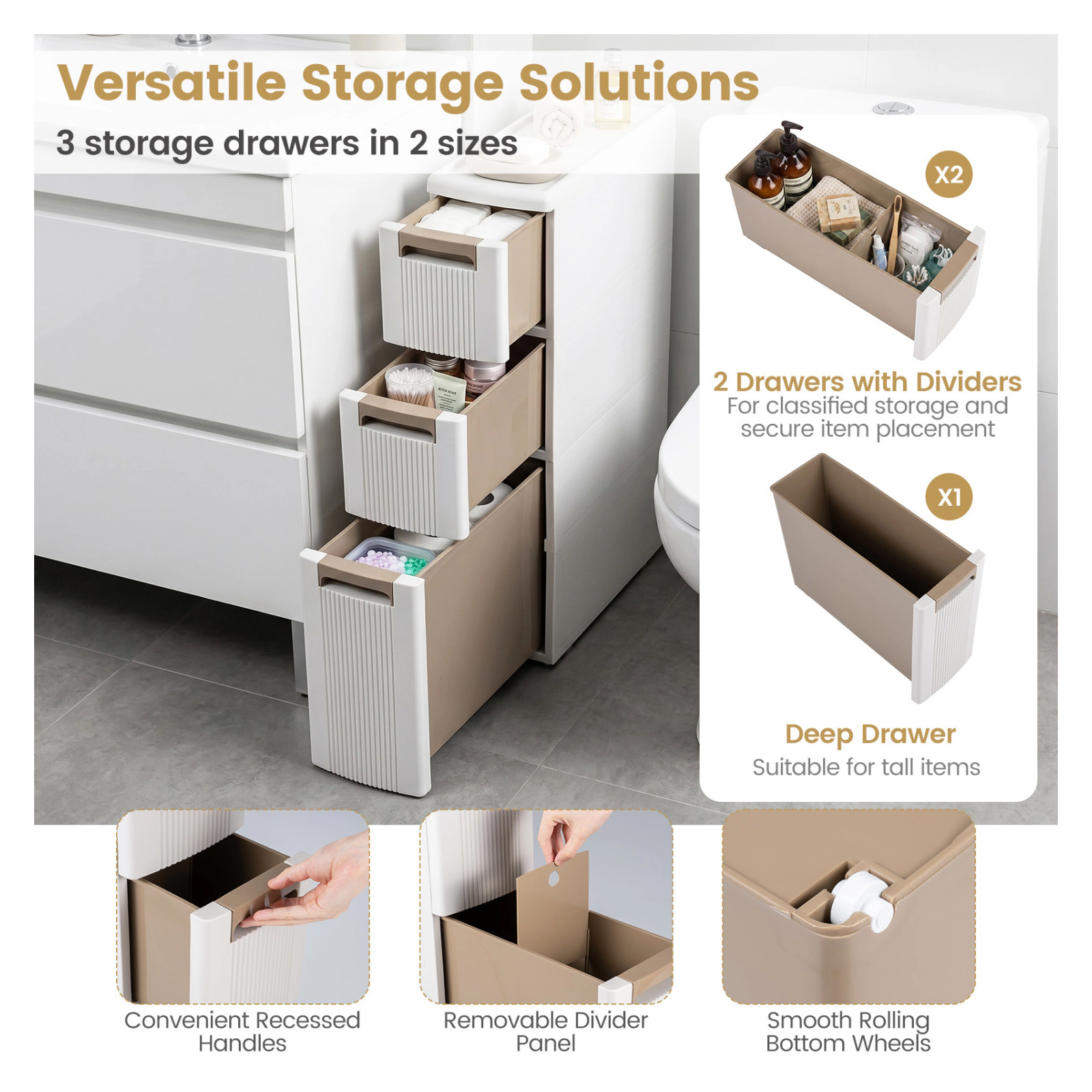 Glintex 3-Drawer Slim Rolling Storage Cart with Removable Dividers and Fluted Front, Beige