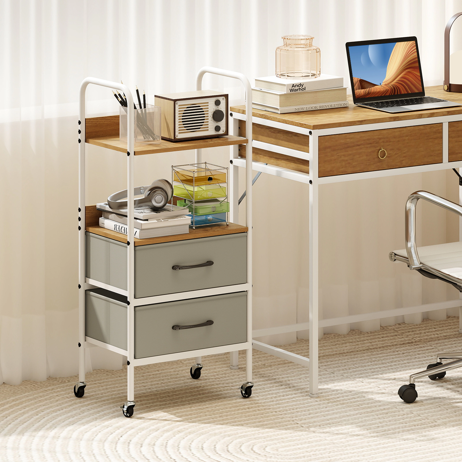 SUGIFT Rolling Utility File Storage Cart 2 Open Shelves & 2 Fabric Drawers 22-lb Shelf Capacity Natural + Gray + White