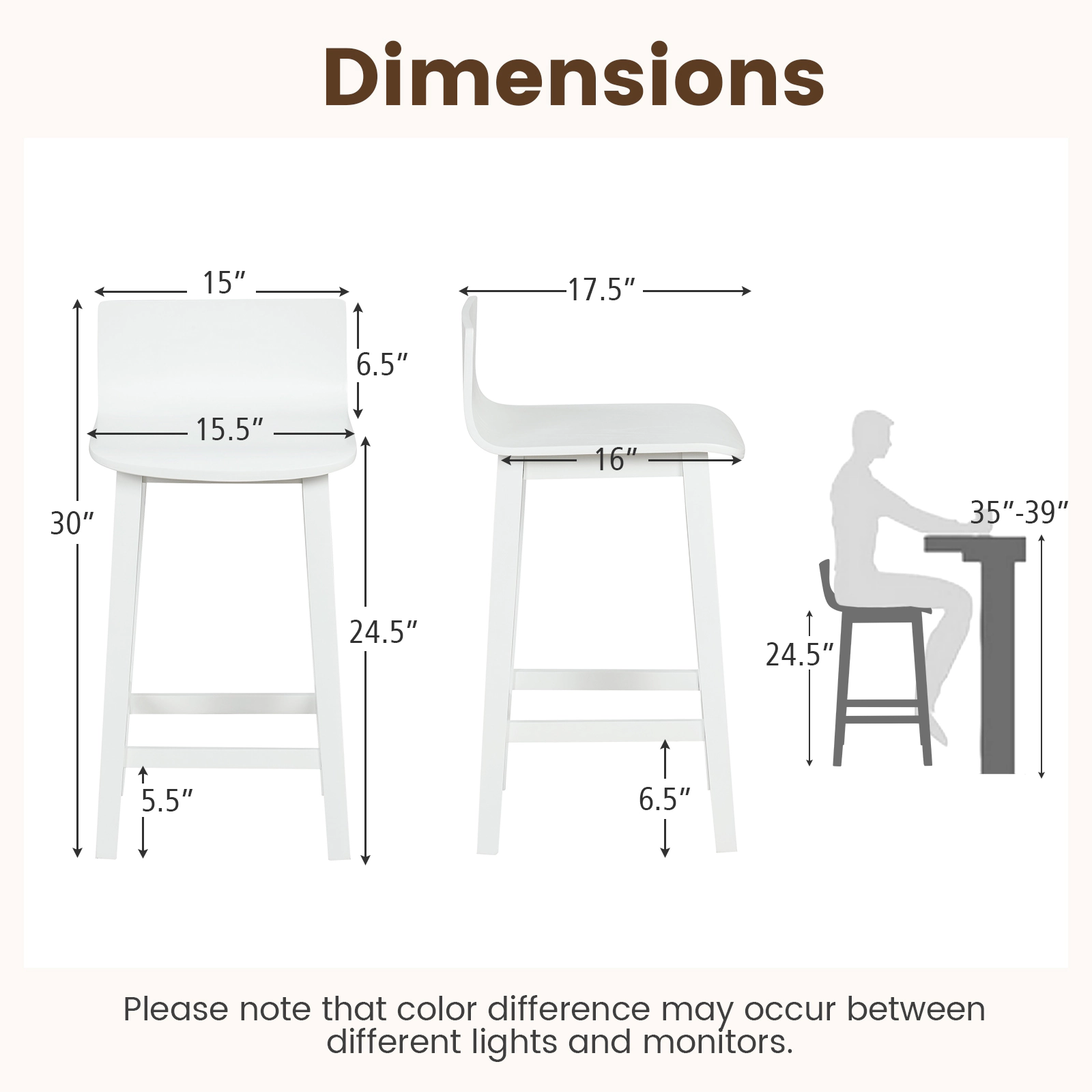 SUGIFT Solid Wood Bar Stools Set of 2 with Backrest 330-Lb Capacity 24.5-in Seat Height 15.5 x 17.5 x 30 in Frame White
