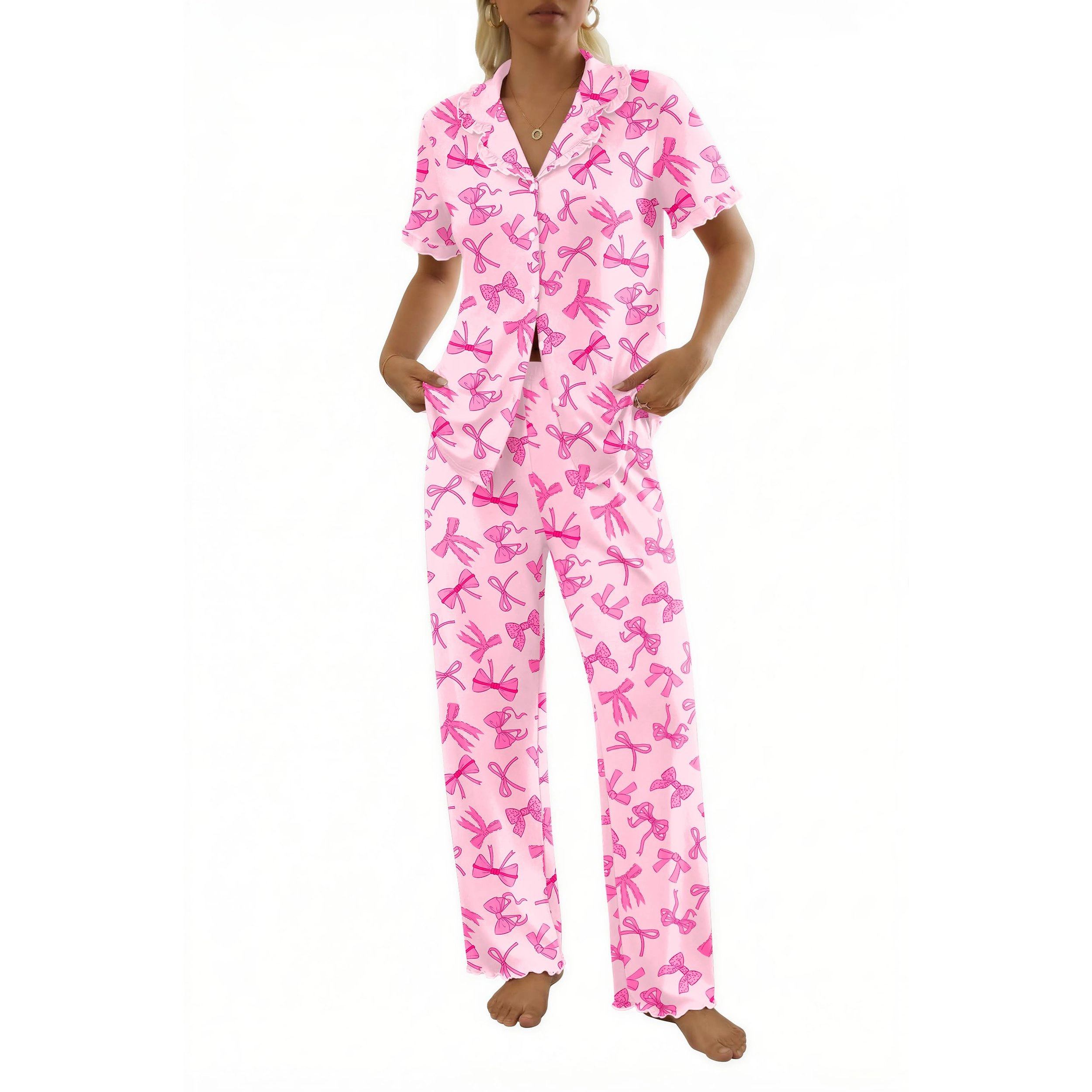 Ekouaer Womens Pajama Sets Ruffle Sleeve Pajamas Two Piece Button Down Sleepwear Comfy Loungewear