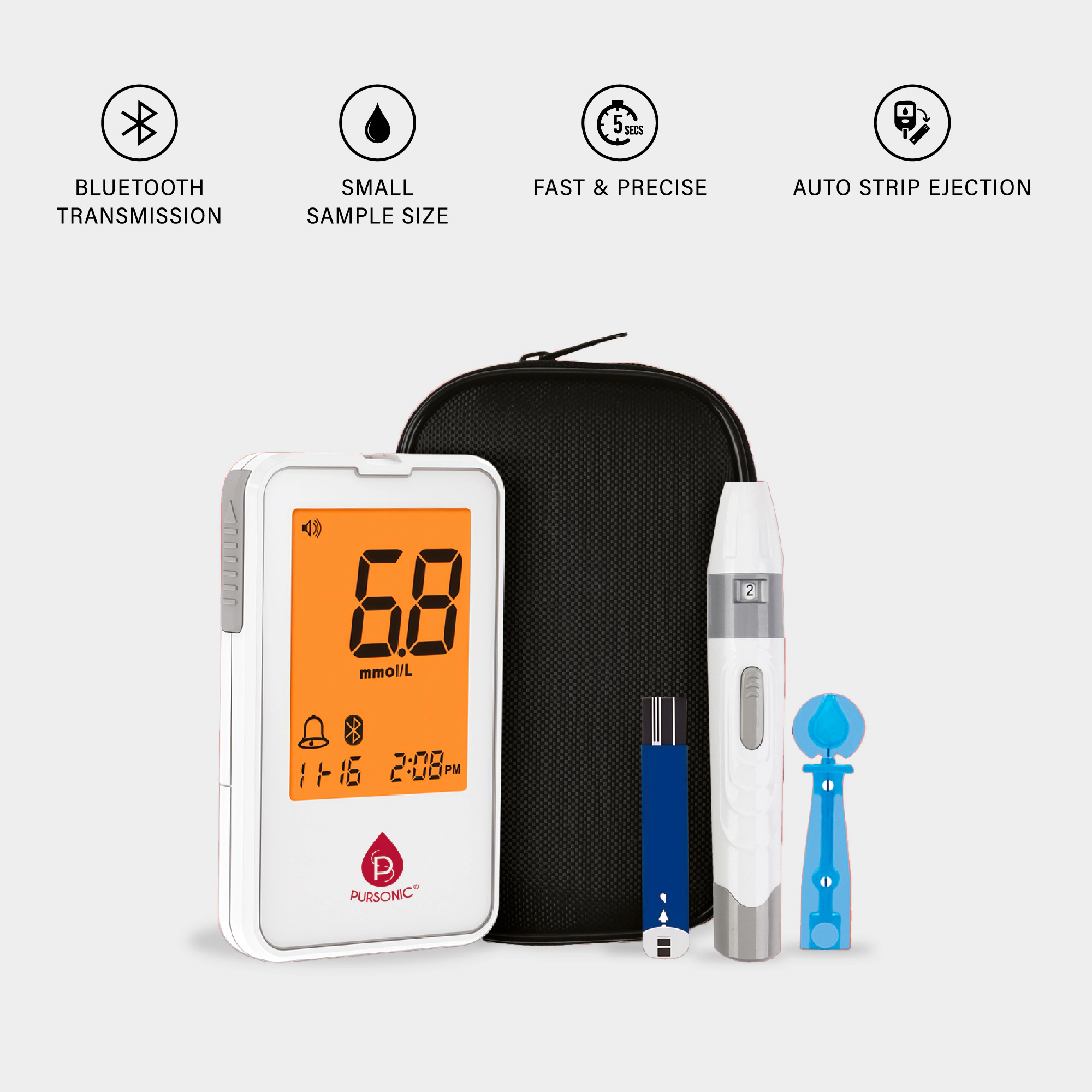 Pursonic Unisex Diabetes Care Monitoring Bundle: Blood Glucose Meter with Bluetooth, 50 Test Strips & 50 Sterile Lancets
