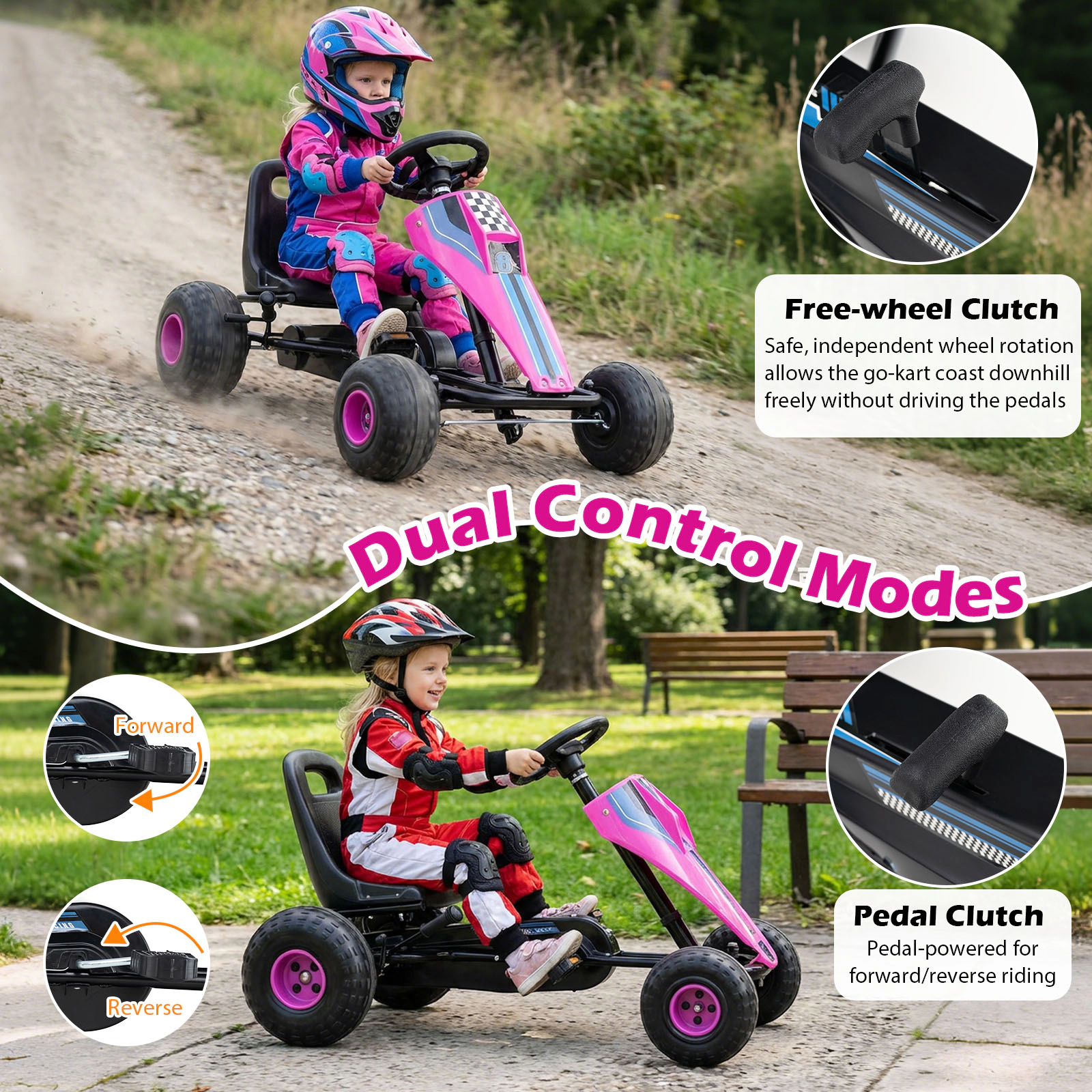 SUGIFT 4-Wheel Ride On Toy Pedal Go Kart with Steering Wheel and Safe Handbrake 77-lb Capacity Ages 3+ Pink/White