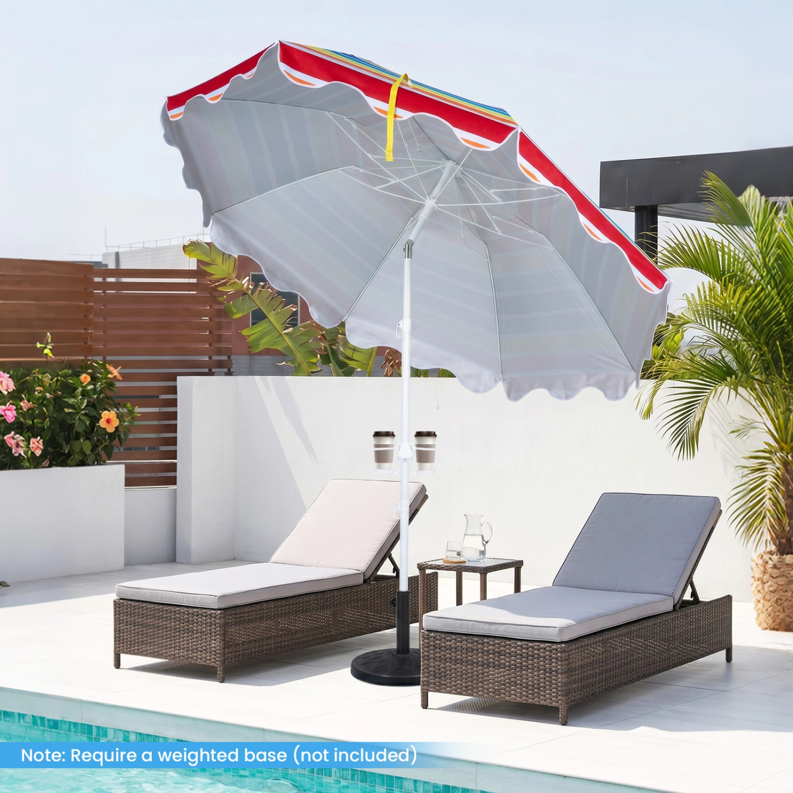 SUGIFT 7-ft Rainbow UPF 50+ Beach Umbrella with 16-in Sand Anchor Tilt Fiberglass Ribs and Cup Holders