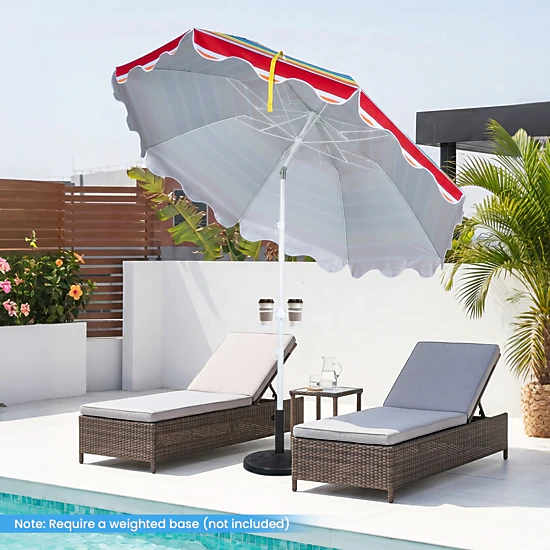 SUGIFT 7-ft Rainbow UPF 50+ Beach Umbrella with 16-in Sand Anchor Tilt Fiberglass Ribs and Cup Holders