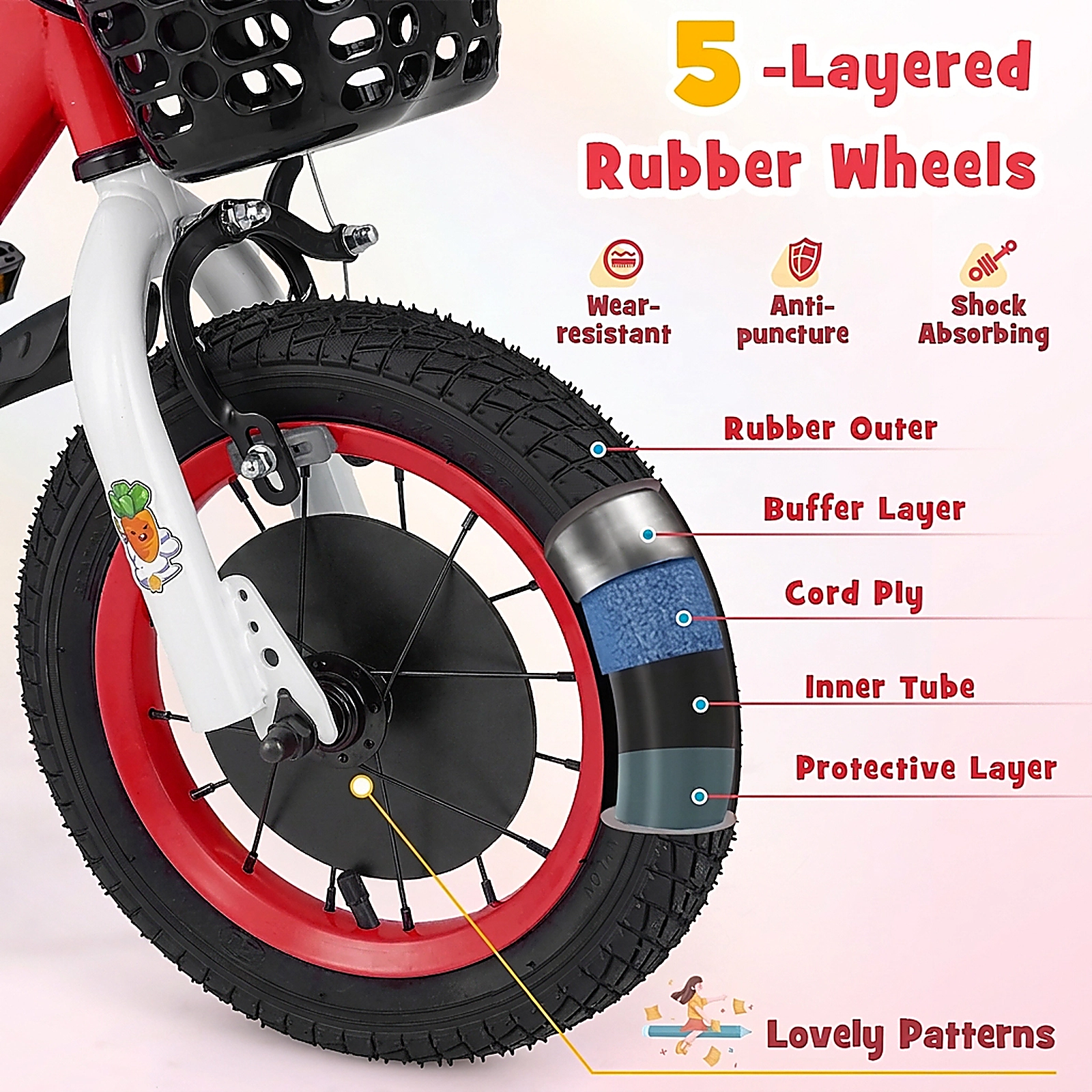 SUGIFT Adjustable 14-Inch Kids Bicycle with Hand and Coaster Brake 110-lb Seat Capacity Ages 3-5 Red