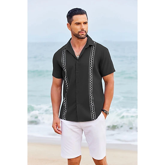 COOFANDY Mens Short Sleeve Button Down Shirt Lapel Collar Zigzag Stripe Casual Tops
