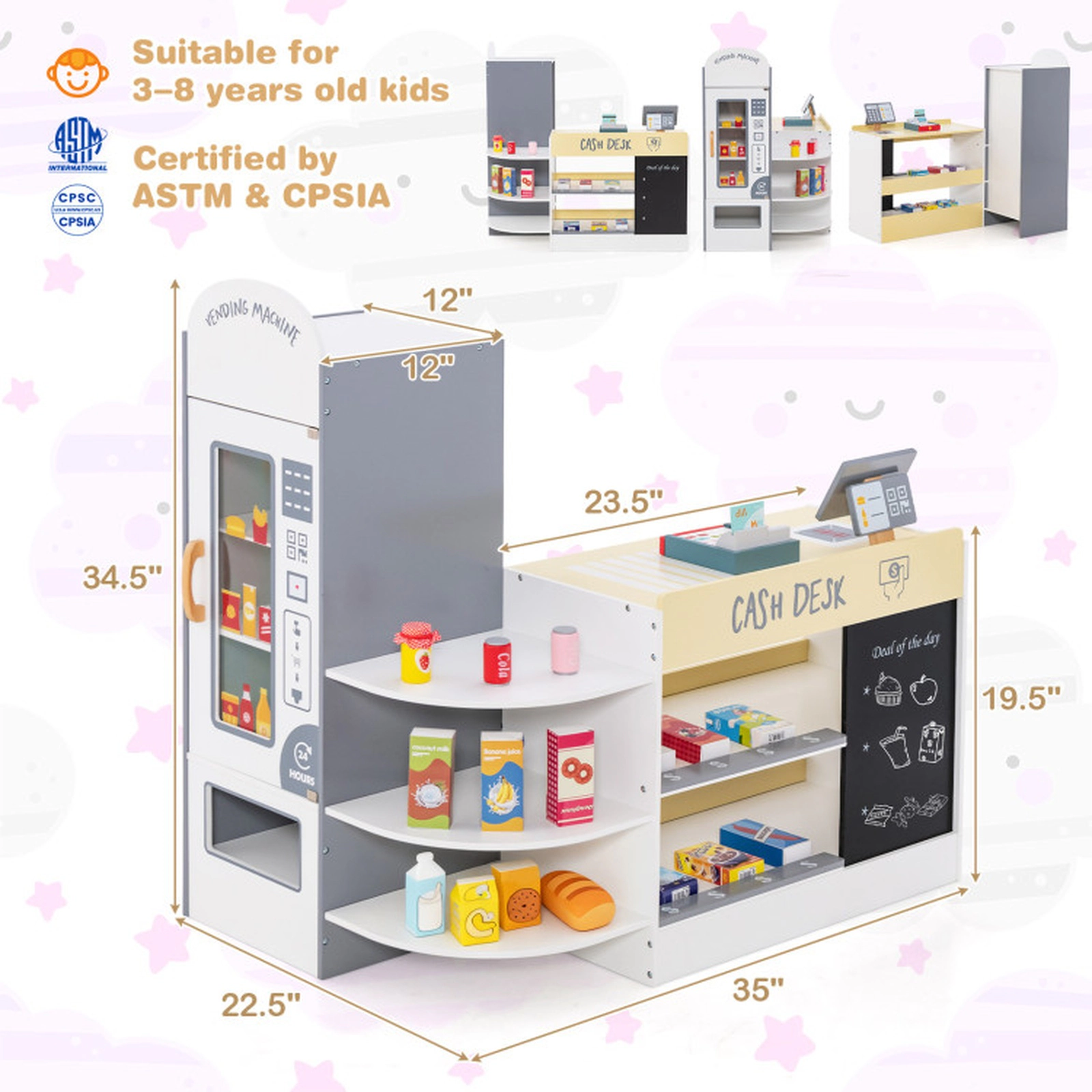 SUGIFT Kids Grocery Store Playset with Cash Register POS Machine for Ages 3-8 Gray