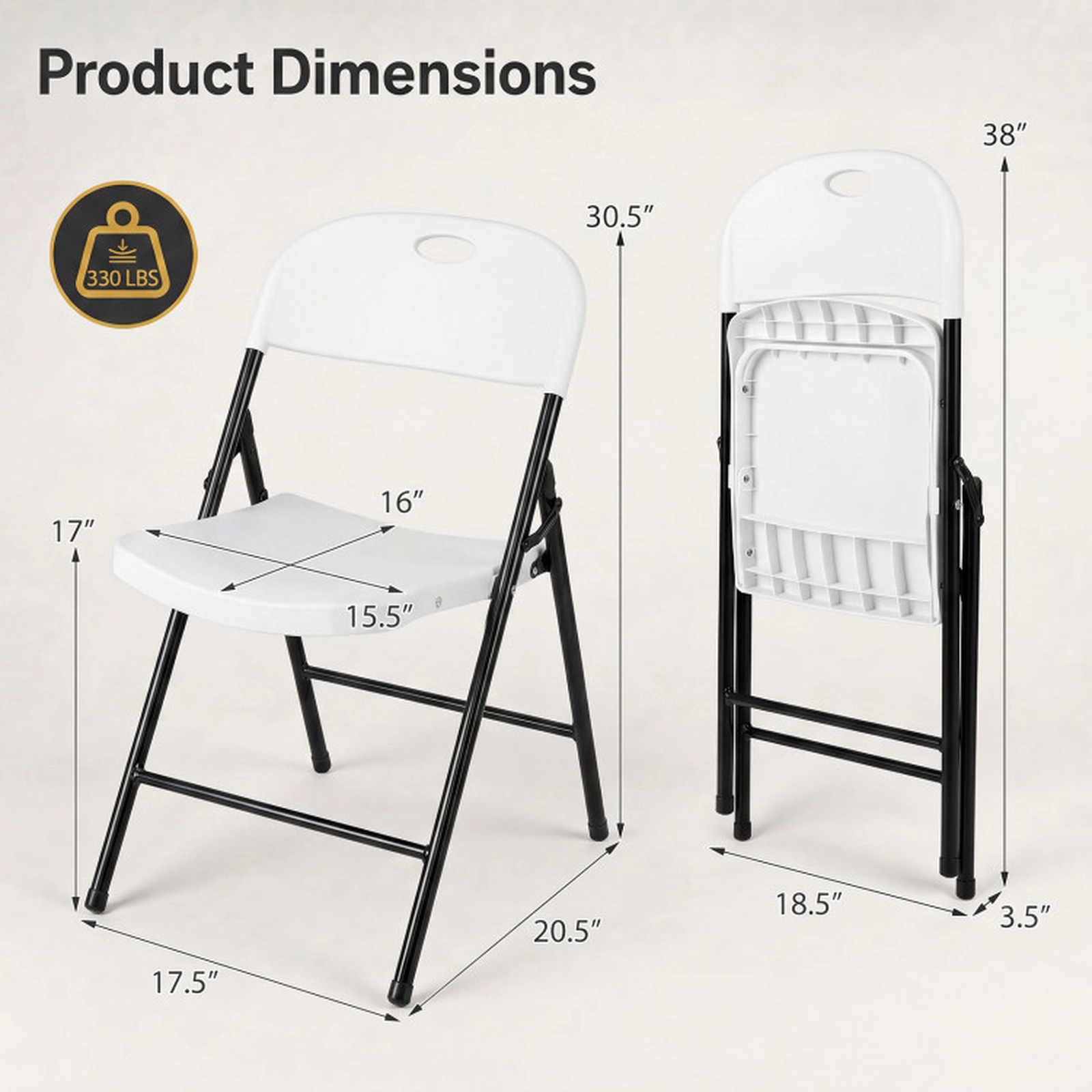 SUGIFT Foldable Plastic Dining Chair Set with Ergonomic Backrest 330-Lb Capacity White/Black