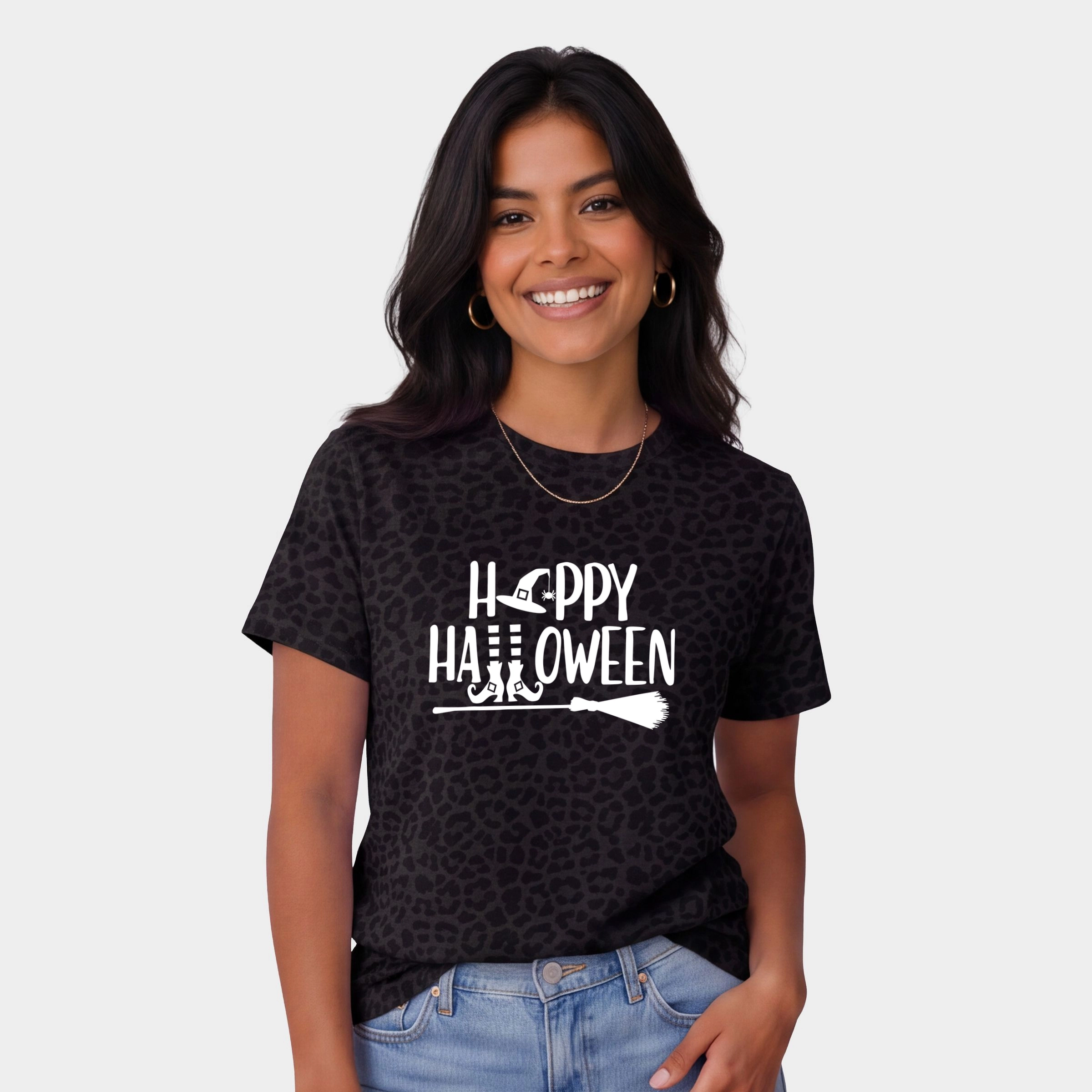 Simply Sage Market - Women's Leopard Print Tee Happy Halloween Witch