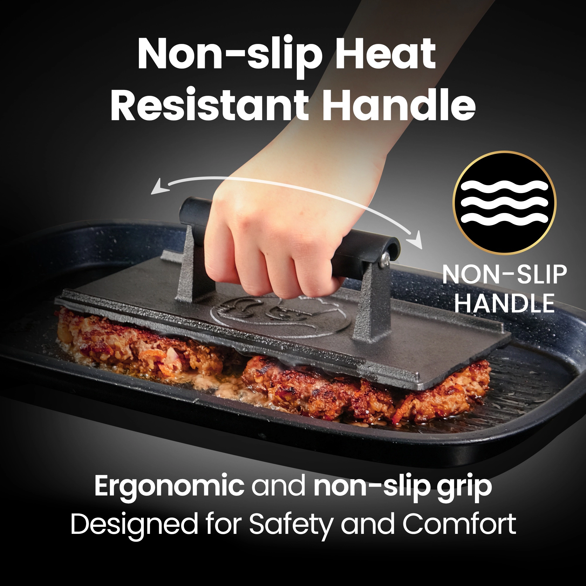 Gourmet Easy Grill Press with Heat Resistant Handle, 3LBS Cast Iron Smash Burger Press