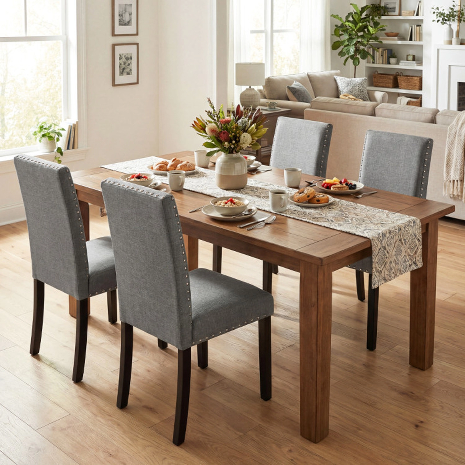 SUGIFT Gray Upholstered Nailhead Trim Bent Wood Legs Set of 4 Dining Chairs