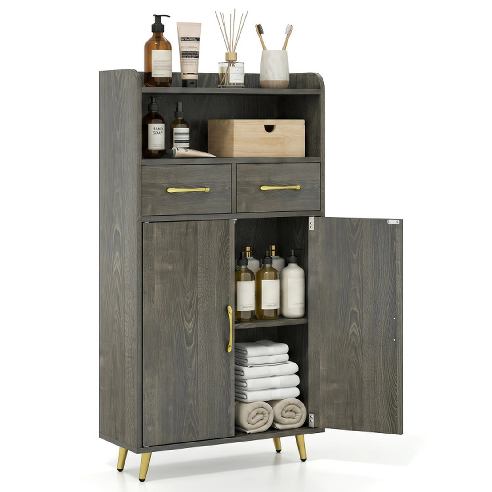 SUGIFT Gray Oak 44-lb Countertop Freestanding Bathroom Storage Cabinet with 2 Drawers 2 Doors and Adjustable Shelf