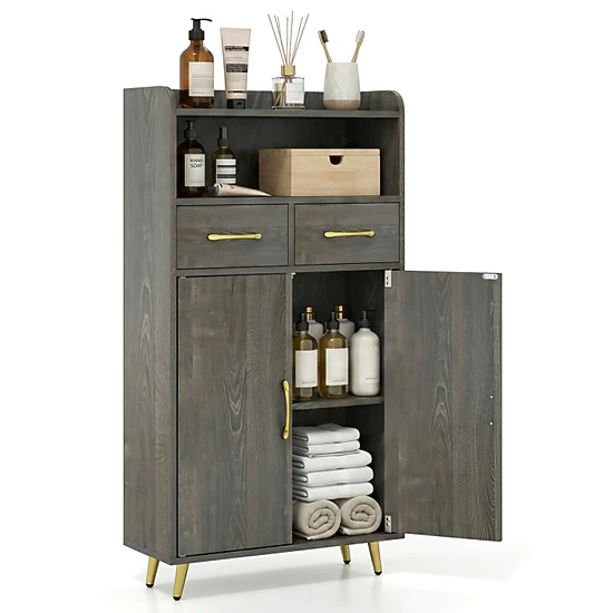 SUGIFT Gray Oak 44-lb Countertop Freestanding Bathroom Storage Cabinet with 2 Drawers 2 Doors and Adjustable Shelf
