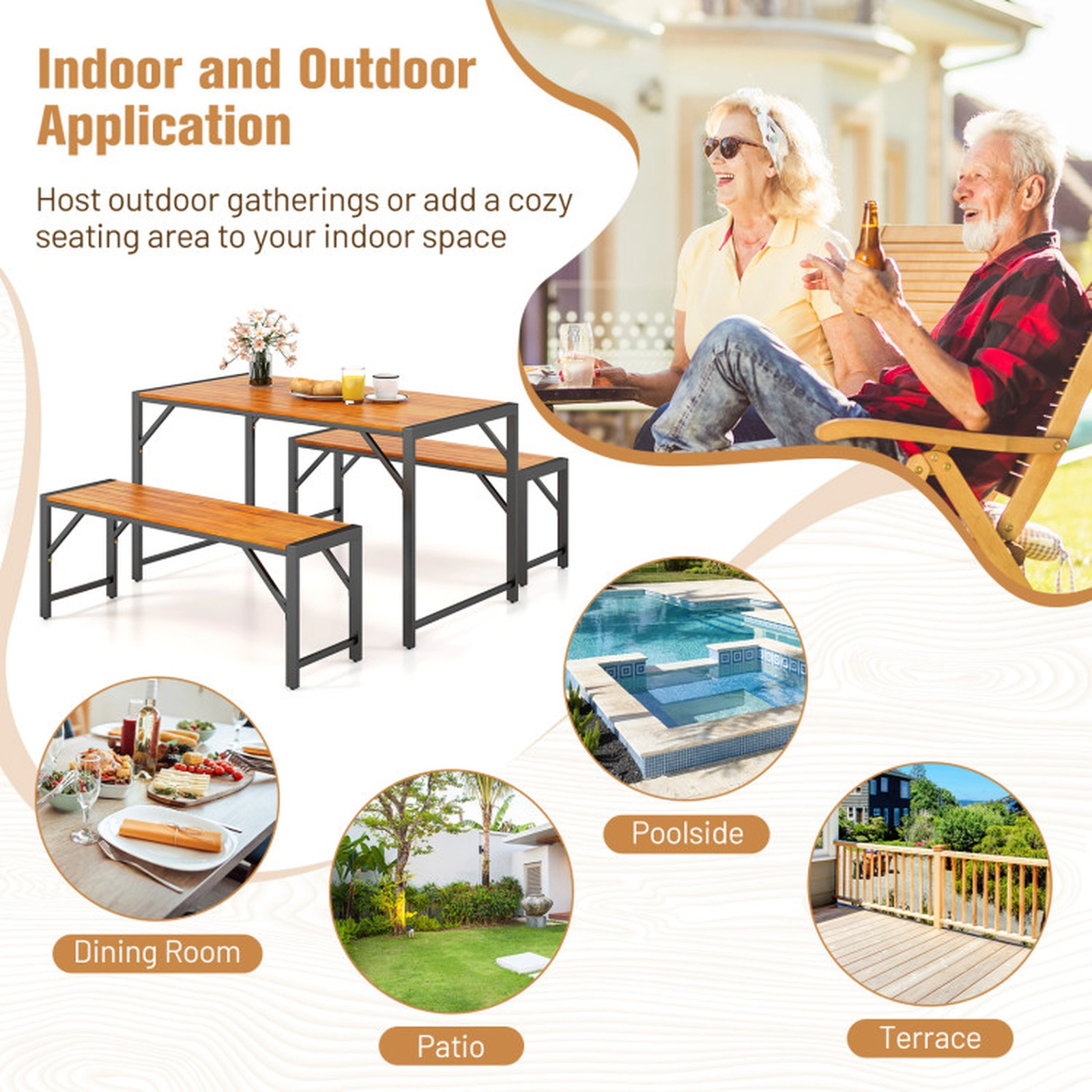 SUGIFT 3-Piece 800-lb Capacity 2 Benches Acacia Wood Black Metal Legs Patio Dining Set 53-in x 28-in x 30-in Natural