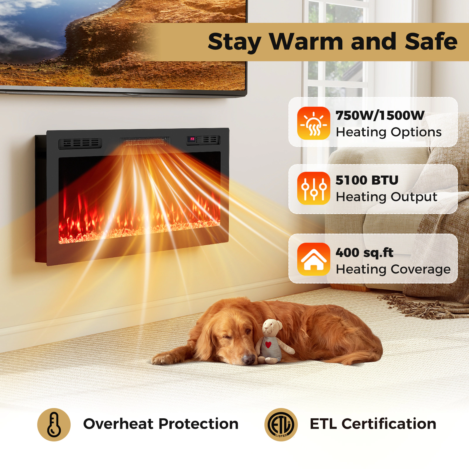 SUGIFT Smart WiFi Wall Mounted and Recessed Electric Fireplace 750W/1500W 42-in Black Heater with App and Remote Control