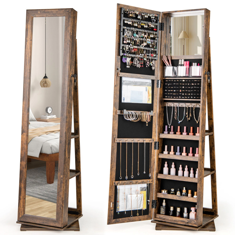 Hivvago 360° Swivel Jewelry Armoire Standing Organizer with Full Length Mirror and Back Shelves