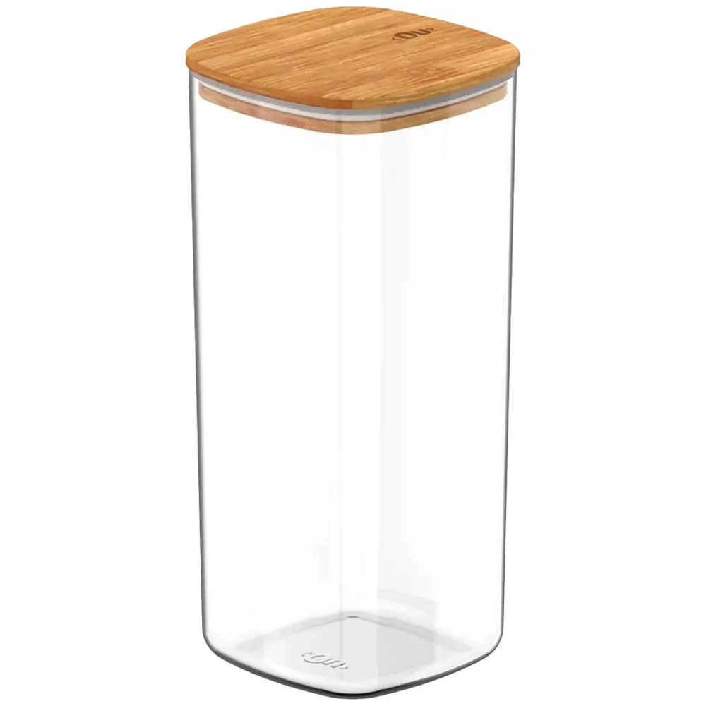 OU Airtight Food Storage Container 6.3cup, Clear Plastic w/ Leak Proof Bamboo Lid, Slim Kitchen Pantry Organizer