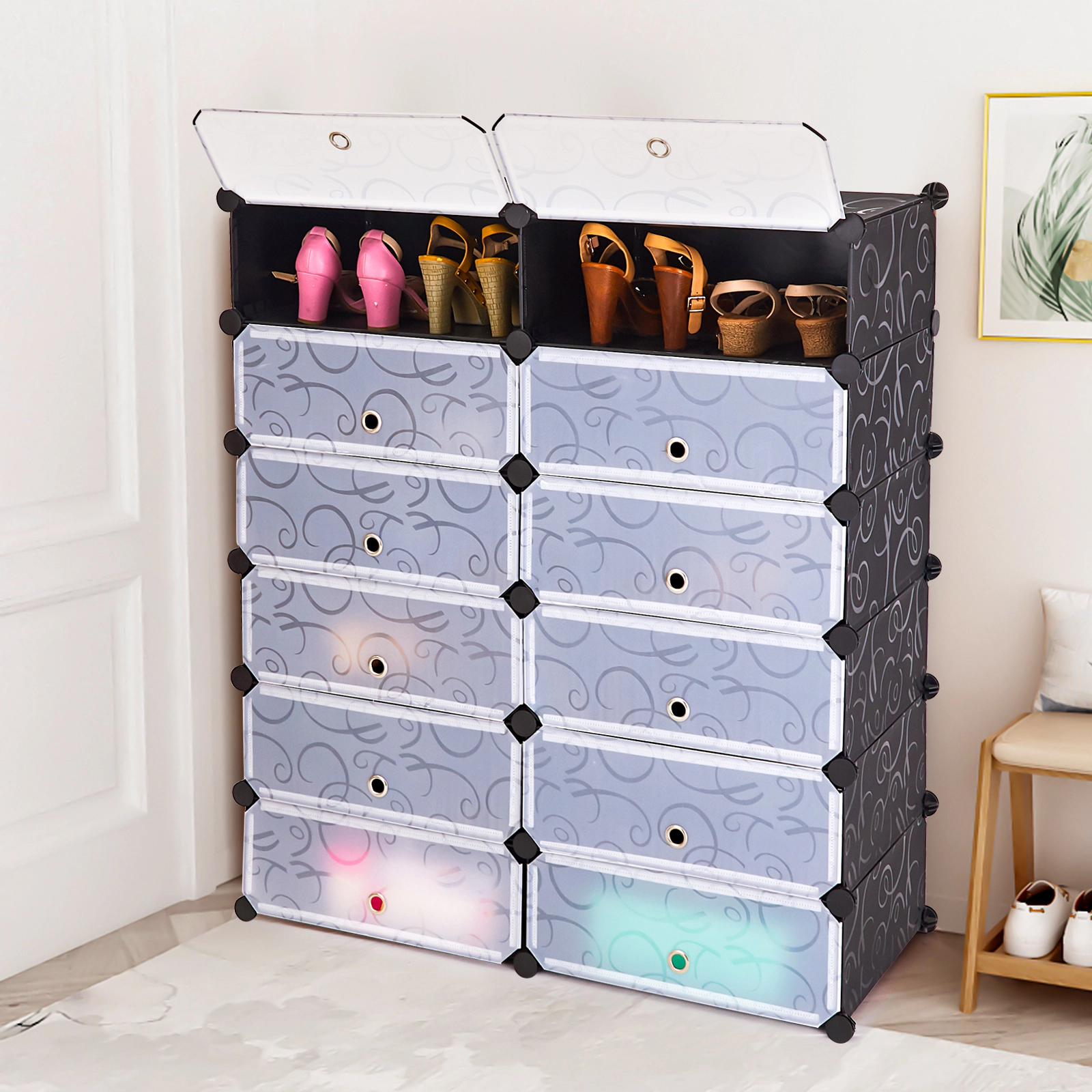 SUGIFT 12-Cube Black DIY Portable Plastic Shoe Rack with Transparent Flip Doors 37.5-in W 43-in H 22-lb Per Cube