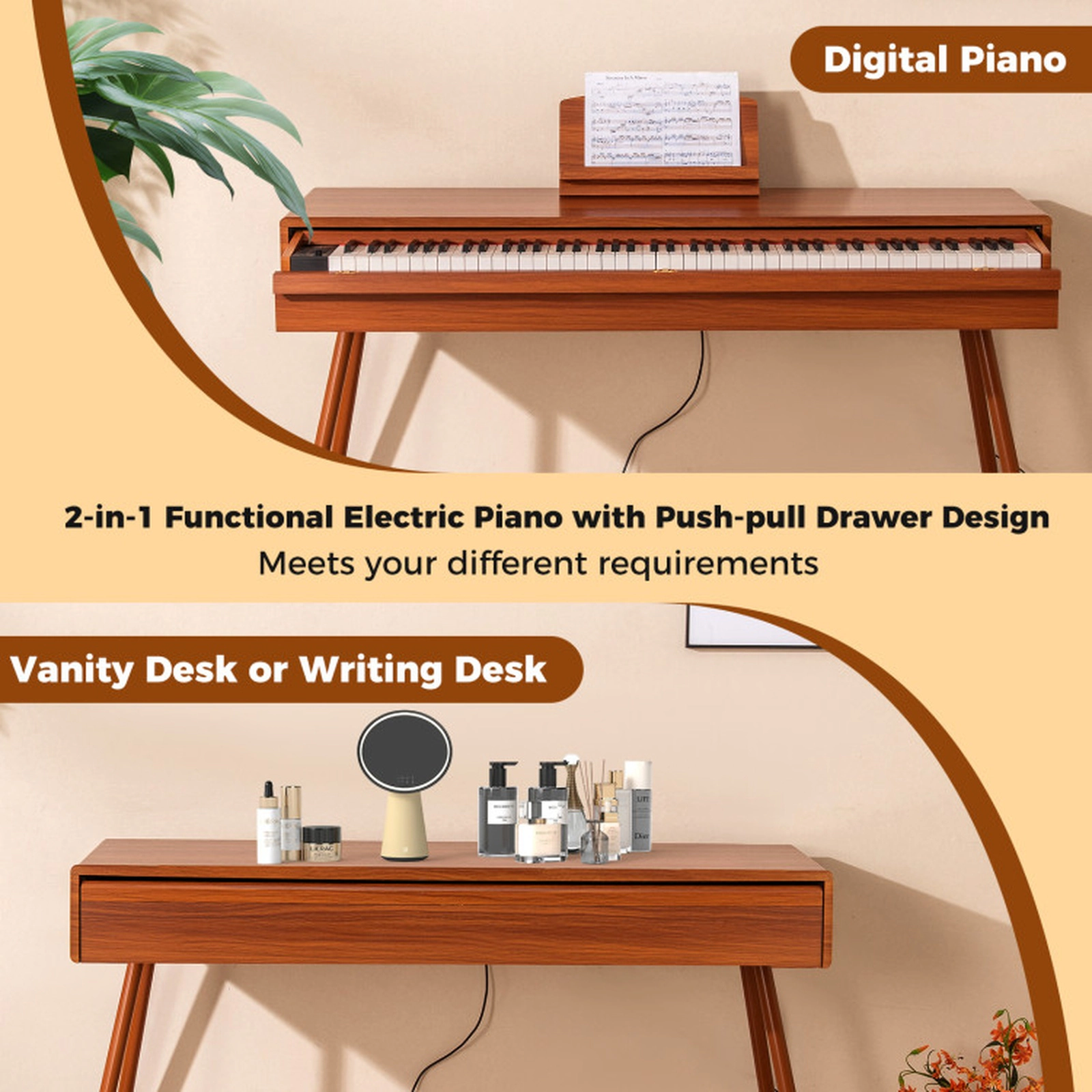 SUGIFT Brown 88-Key Graded Hammer Action Weighted Digital Piano with Push-Pull Drawer 56-in W 20-in D 32-in H