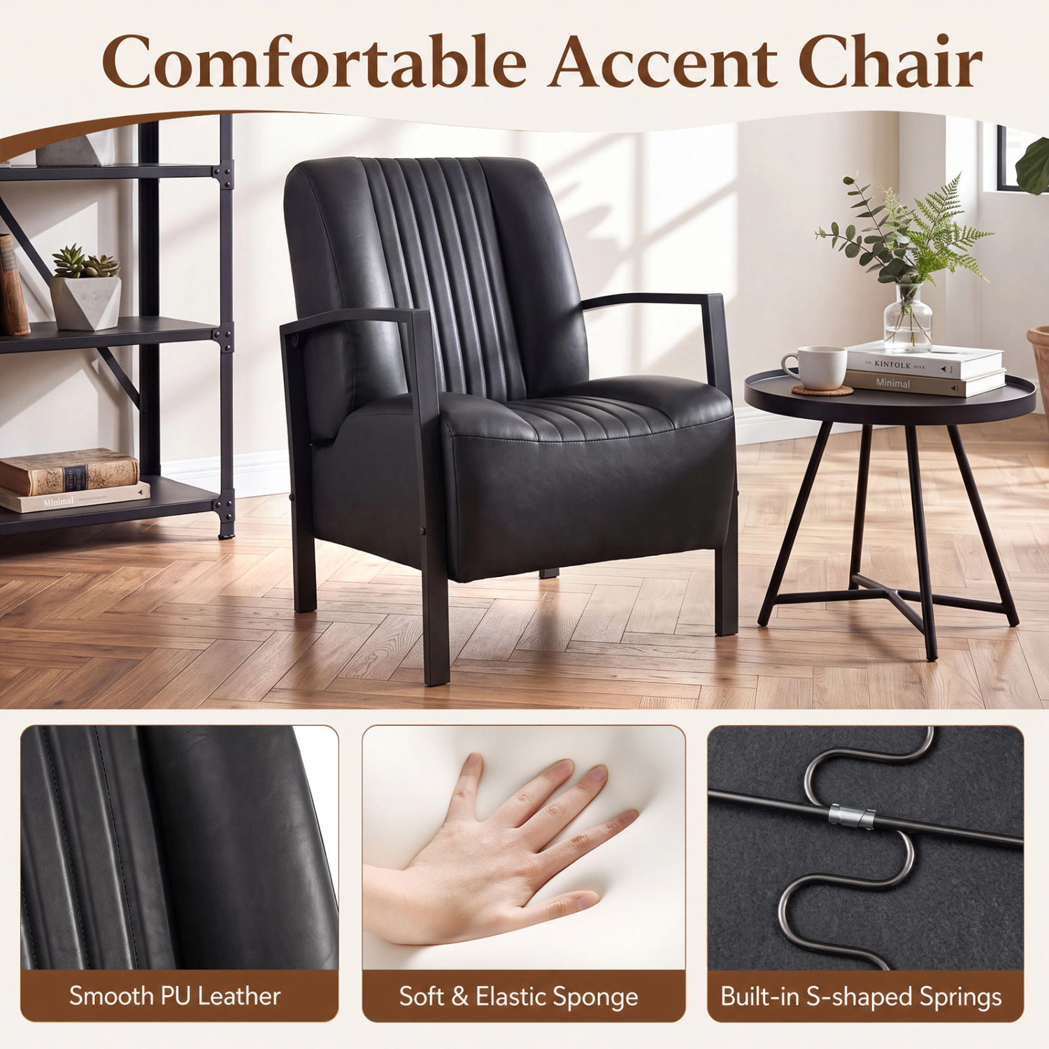 LJG PU Leather Upholstered Armchair with Padded Seat and Back Comfy Lounge Reading Chair