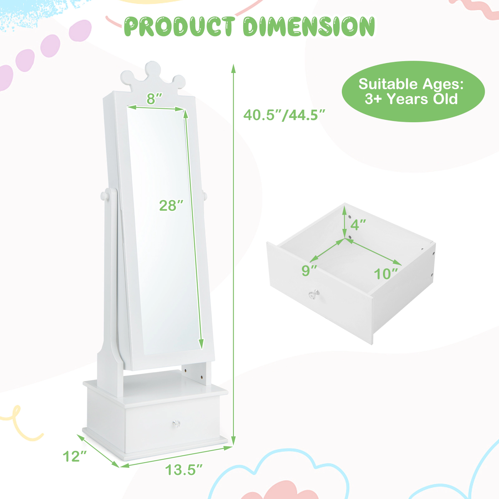 SUGIFT White Full Length Mirror and Drawer for Ages 3 and Up 2-in-1 Kids Jewelry Armoire