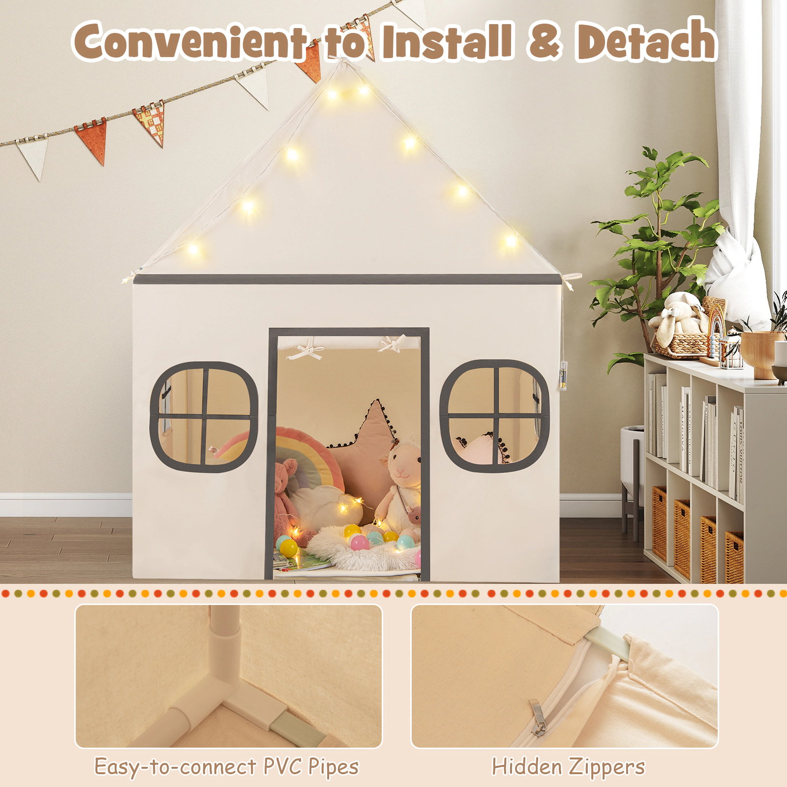 SUGIFT 47-in Large Kids Play Tent Playhouse with Door Curtain Windows and Star Lights Ages 3+ Beige and Gray