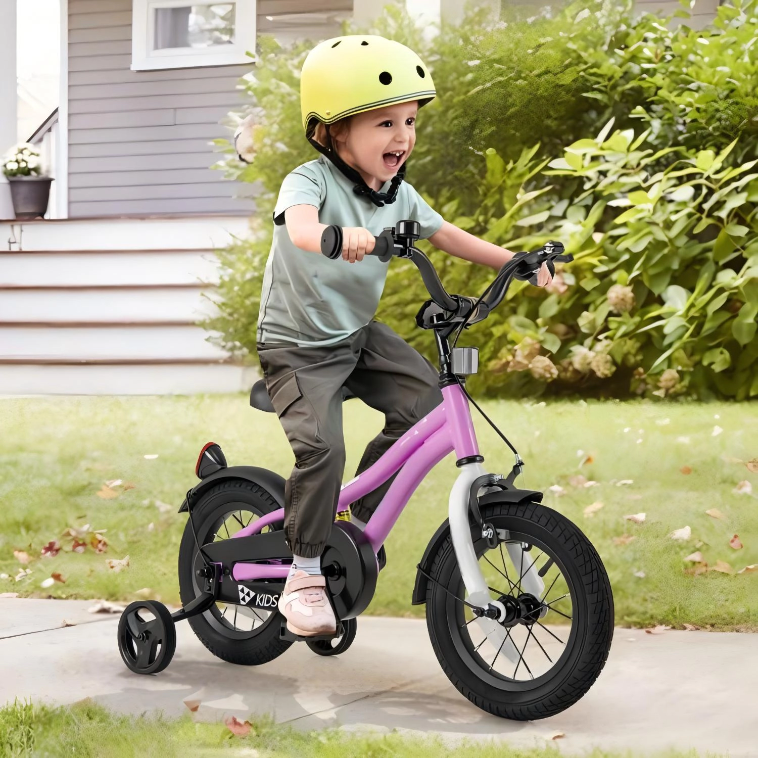 SUGIFT 12-Inch Kids Training Bicycle with Dual Brakes 110-lb Capacity Ages 3-4 Years Purple with Training Wheels
