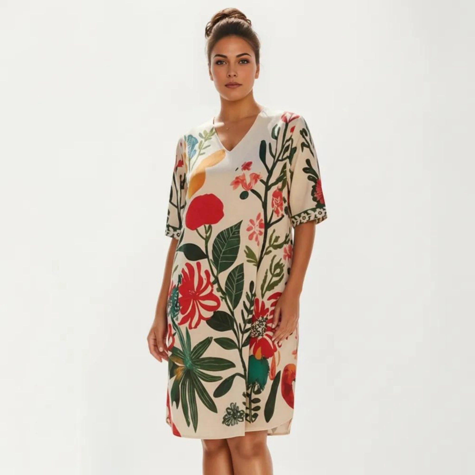 Anna-Kaci Womens Plus Floral V-Neck Short Sleeve Shift Dress