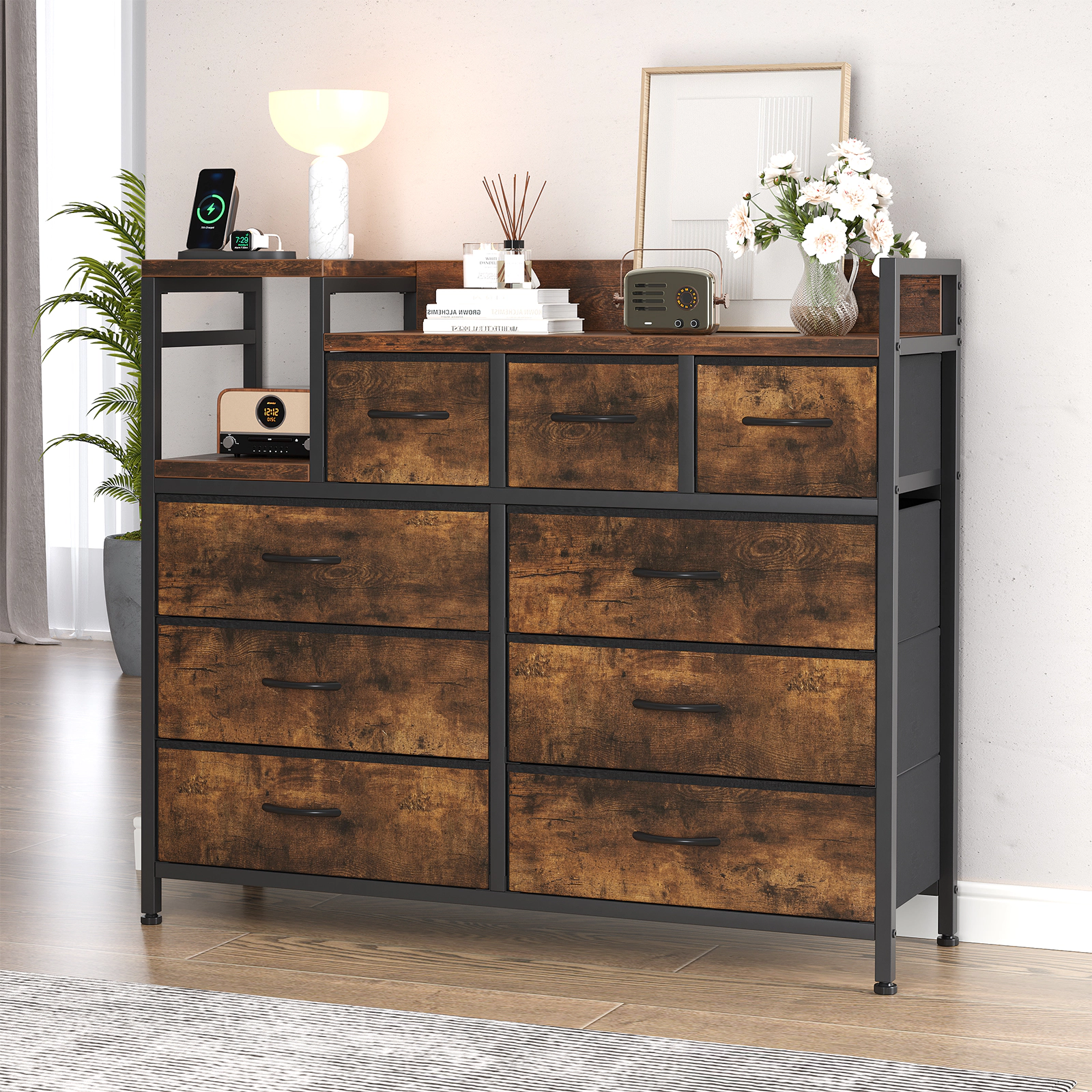 BebreezChic 9 Drawer Dresser with Charging Station and Wooden Top Metal Frame TV Stand