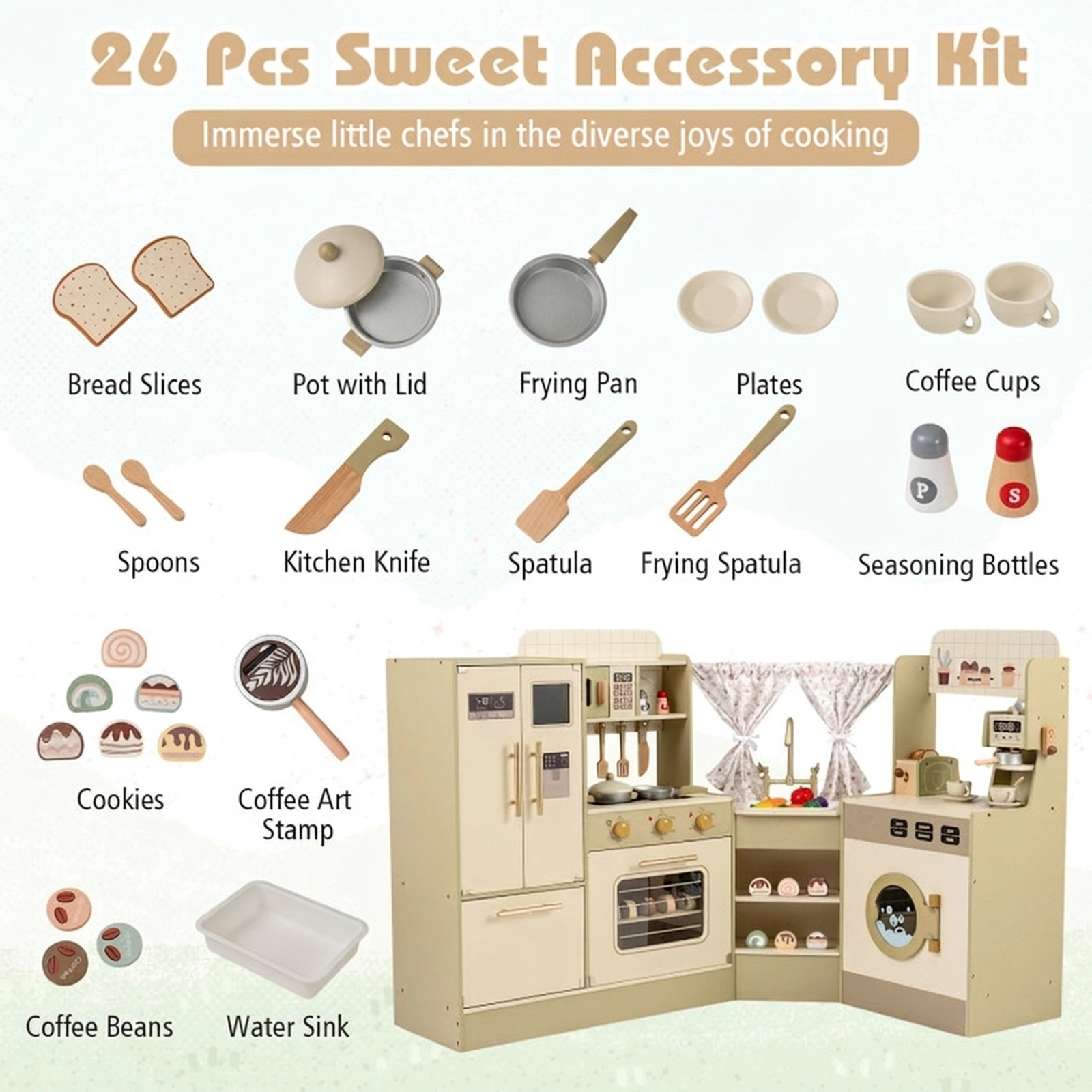 SUGIFT Green Faucet Dishwasher Coffee Machine and 21 Accessories Kids Corner Play Kitchen