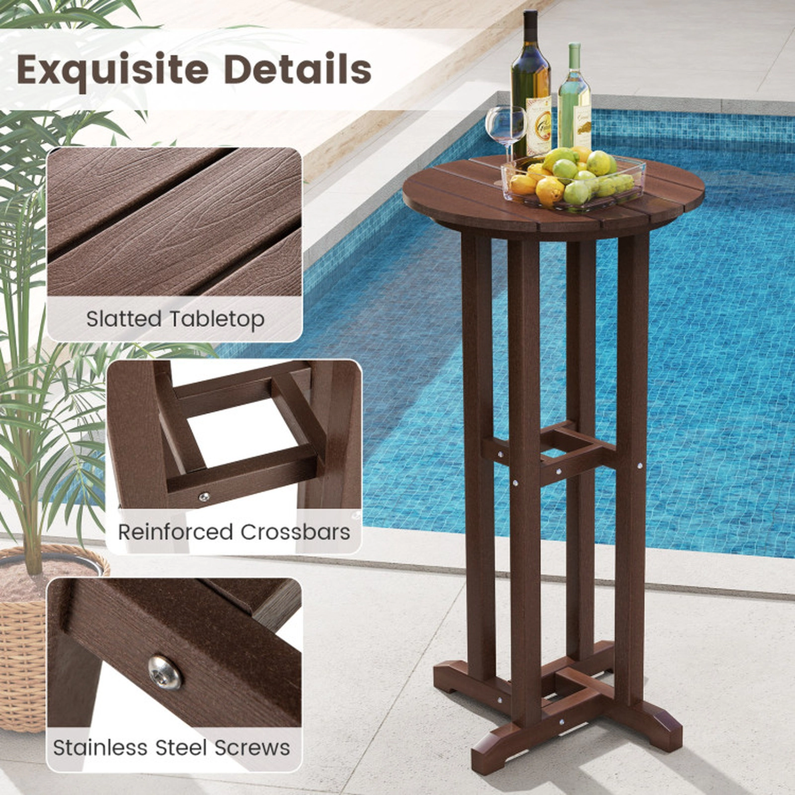 SUGIFT 21.5-in Round HDPE Bar Height Patio Dining Table with Slatted Tabletop 110-Lb Capacity 42-in Tall Brown
