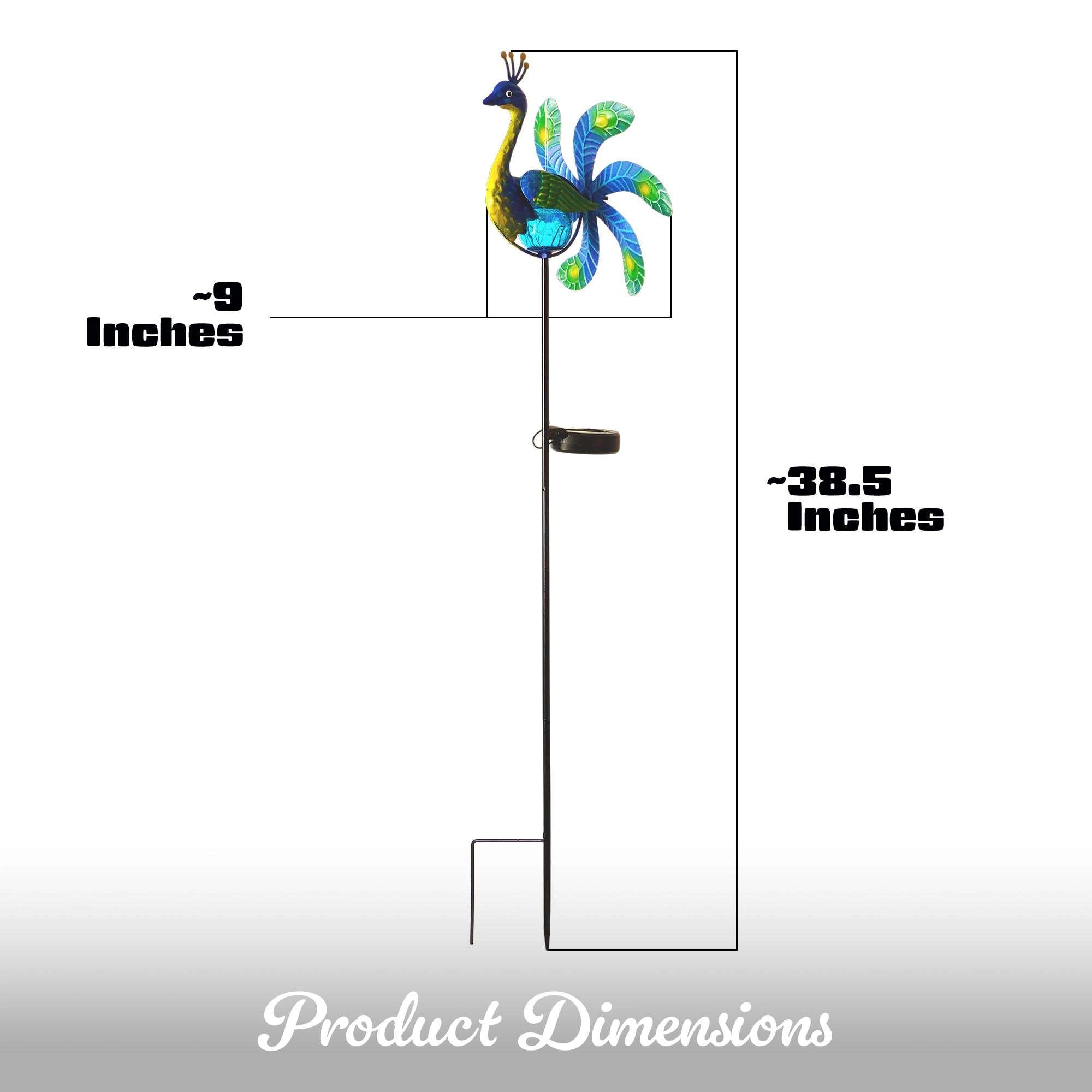 G128 38in Solar Peacock Metal Yard Stake with LED Swivel Wind Spinner, Rust-Proof Iron