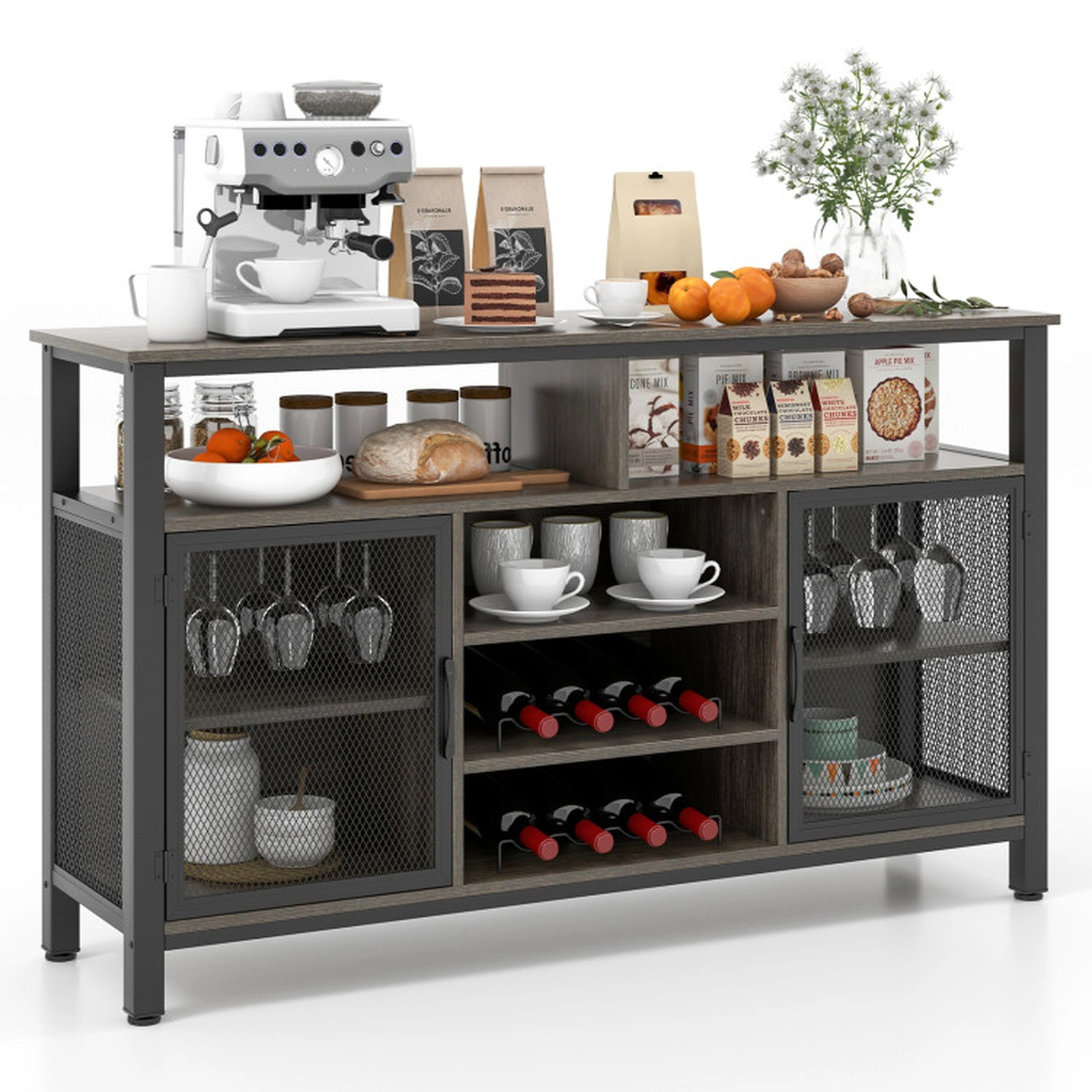 SUGIFT 8-Bottle Racks 6-Row Glass Holders Metal Mesh Doors Wine Cabinet 55-in x 16-in x 32.5-in 360-lb Capacity Gray