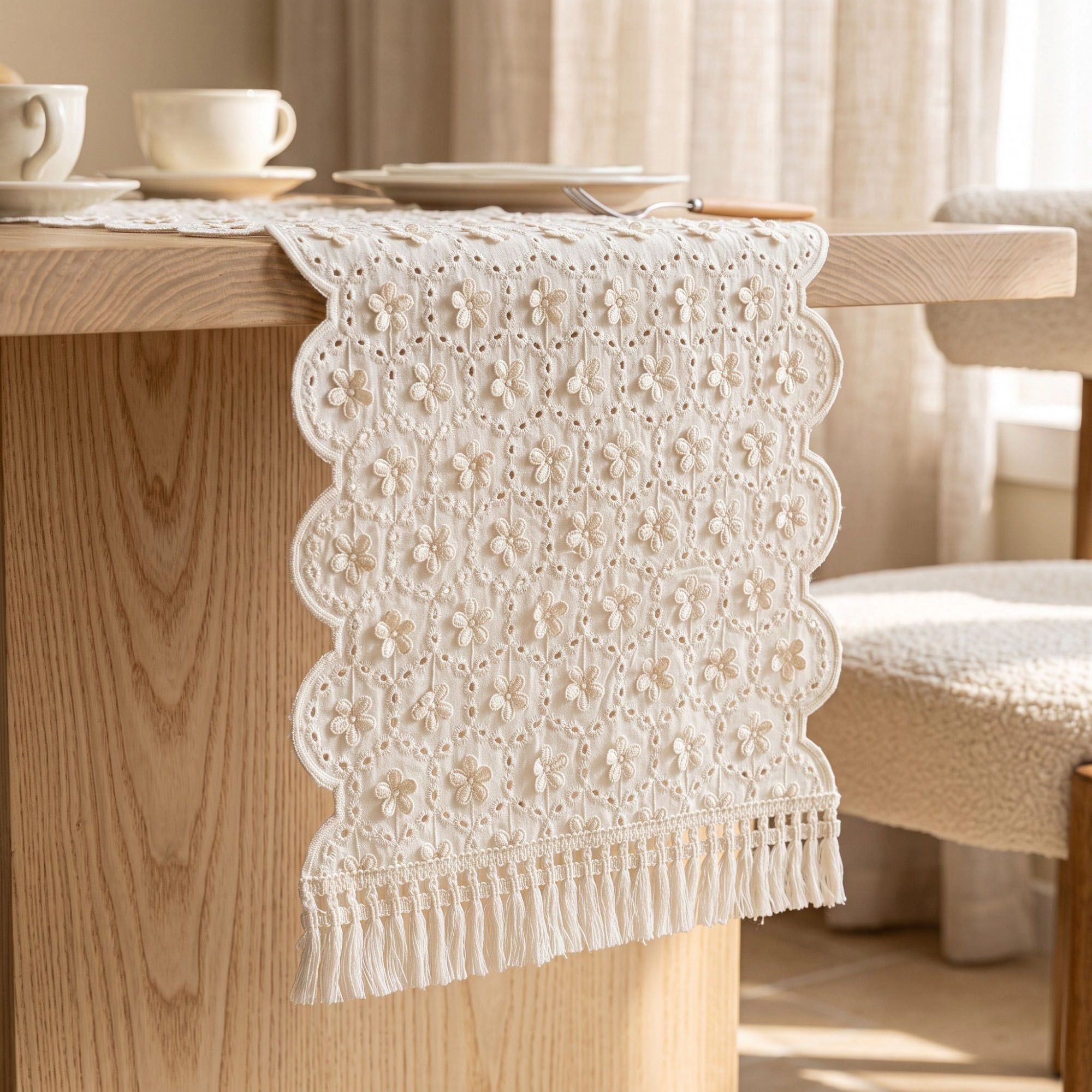Alilang Unisex Ivory Floral Embroidered Table Runner with Fringe 13x47.2in